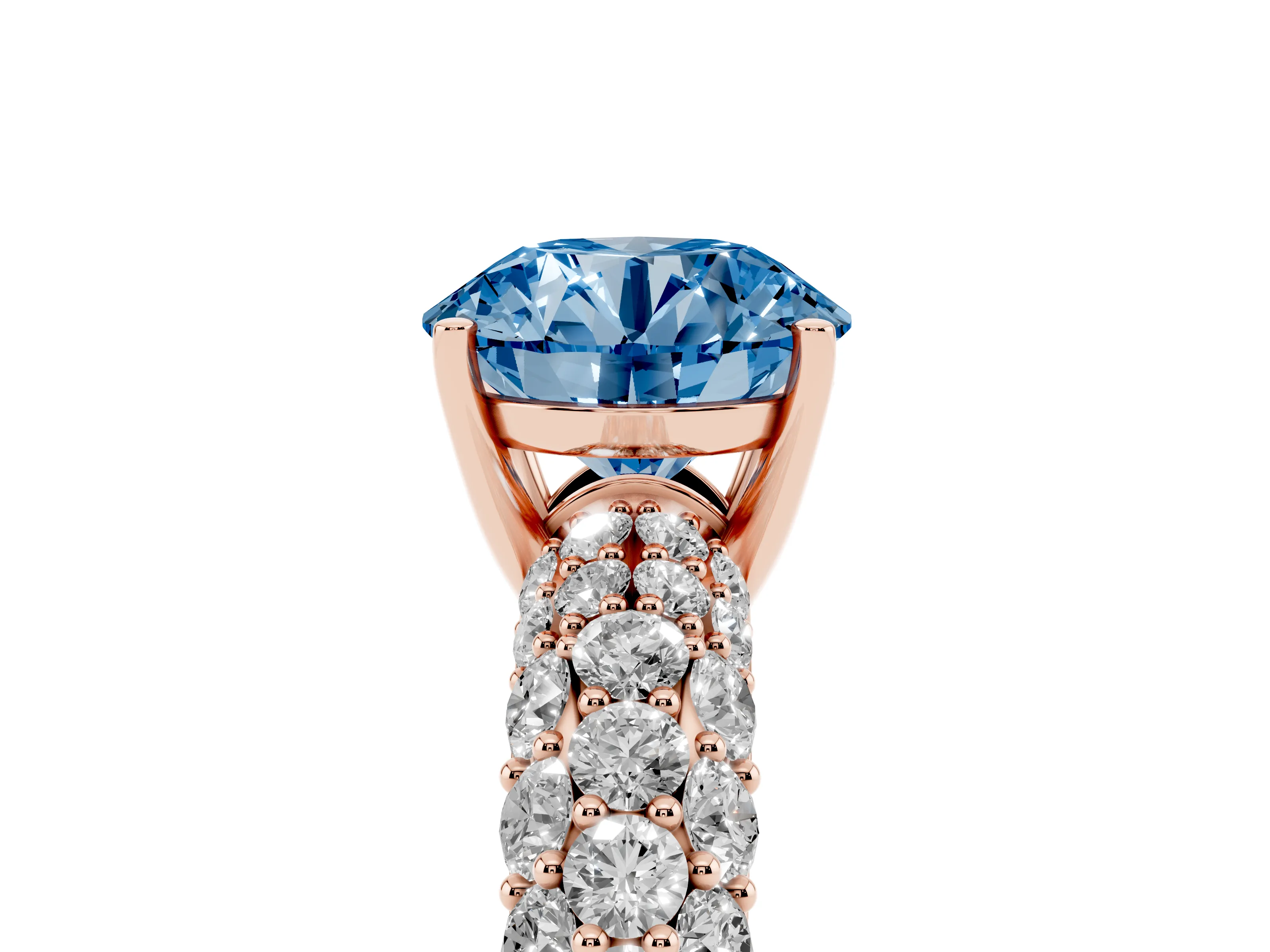 Fancy Blue Round Cut Diamond Pavé Band Solitaire Ring Set in Rose gold with Close-Set Accent Stones and Prong Setting