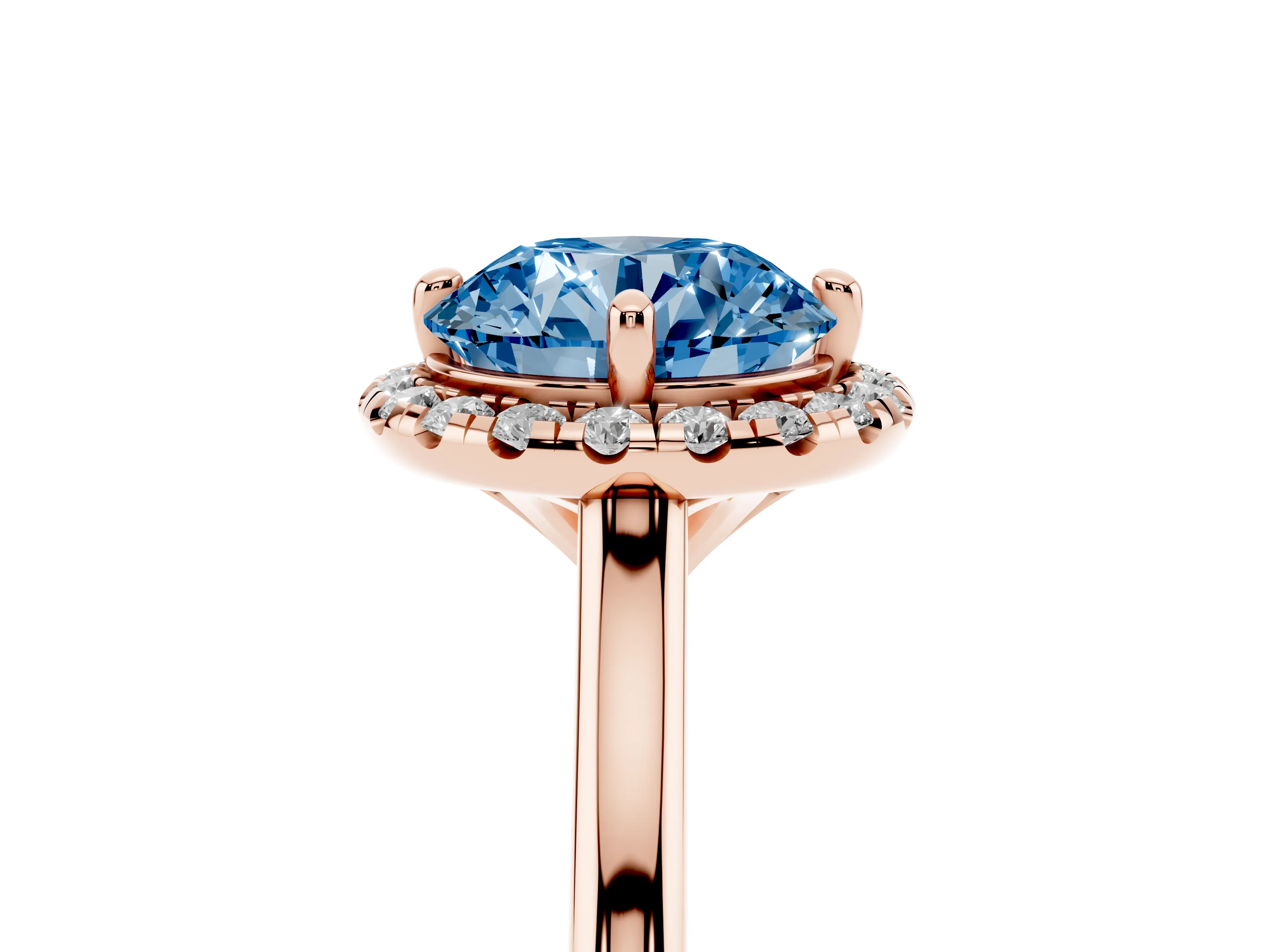 Fancy Blue Round Cut Diamond Halo Engagement Ring Set in Rose gold with Pavé Band and Rising Shoulders