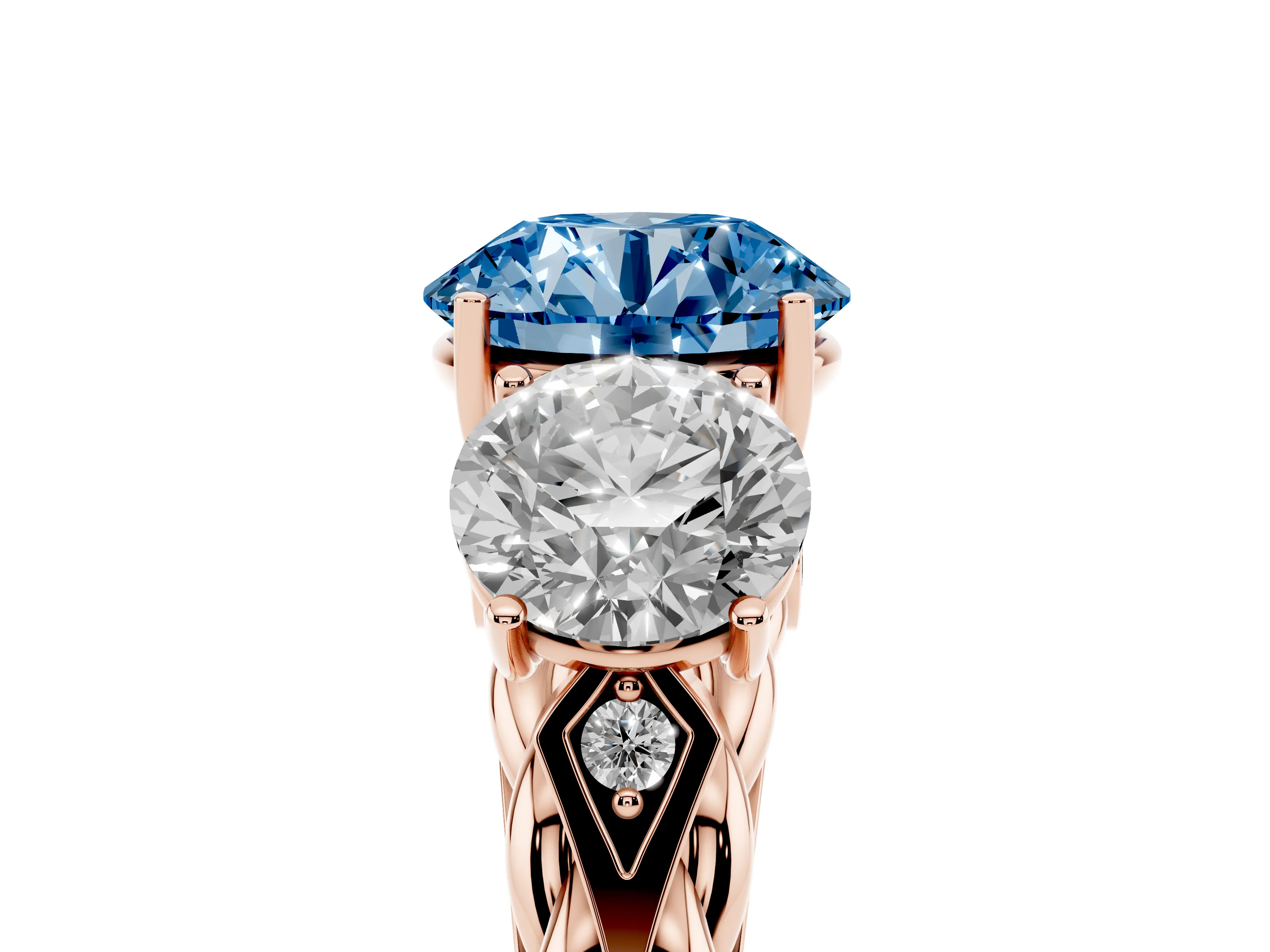 Fancy Blue Round Cut Diamond Three-Stone Ring Set in Rose gold with Braided Band