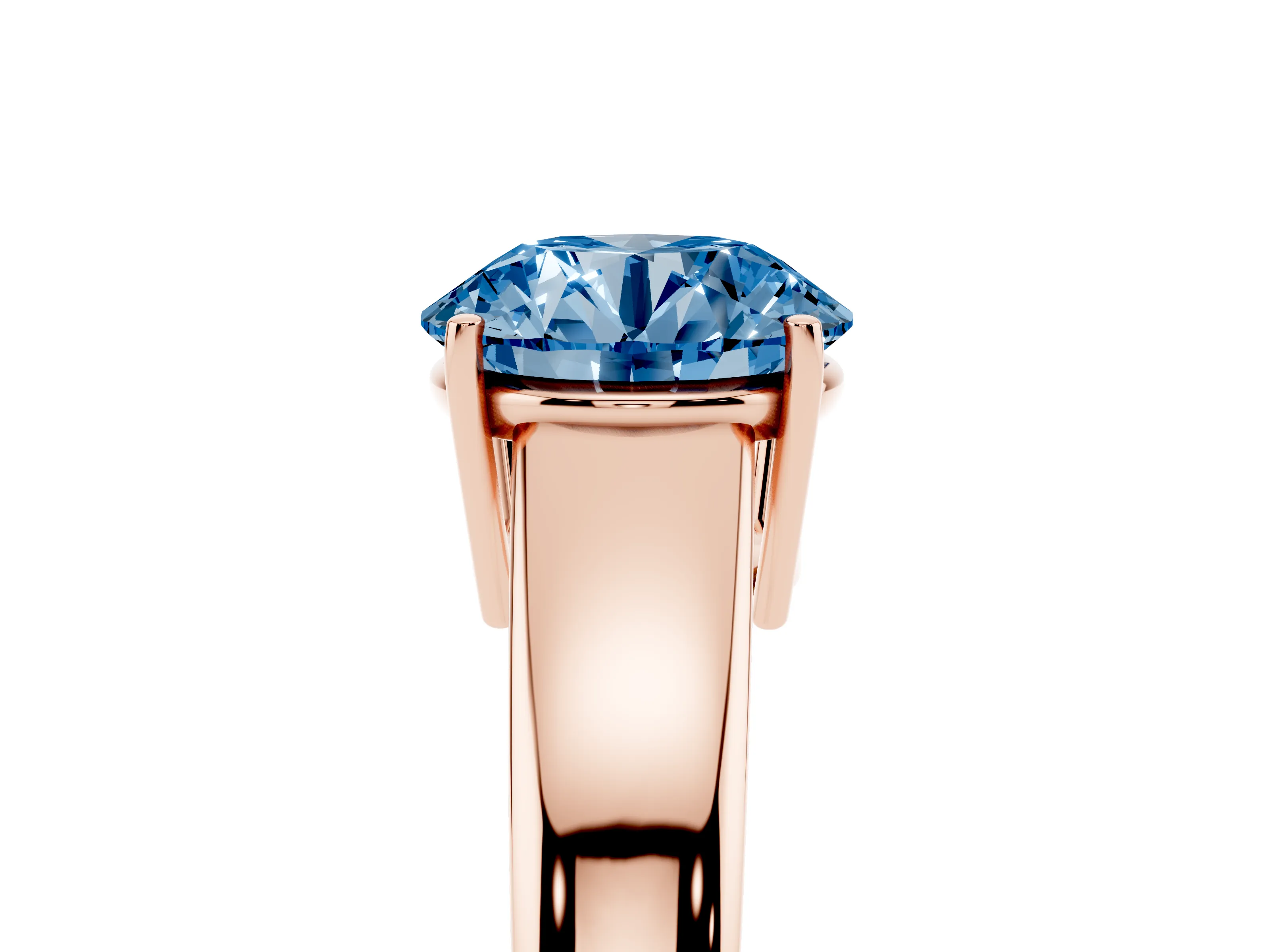 Fancy Blue Round Cut Diamond Solitaire Ring Set in Rose gold with Tapered Band and Prong Setting