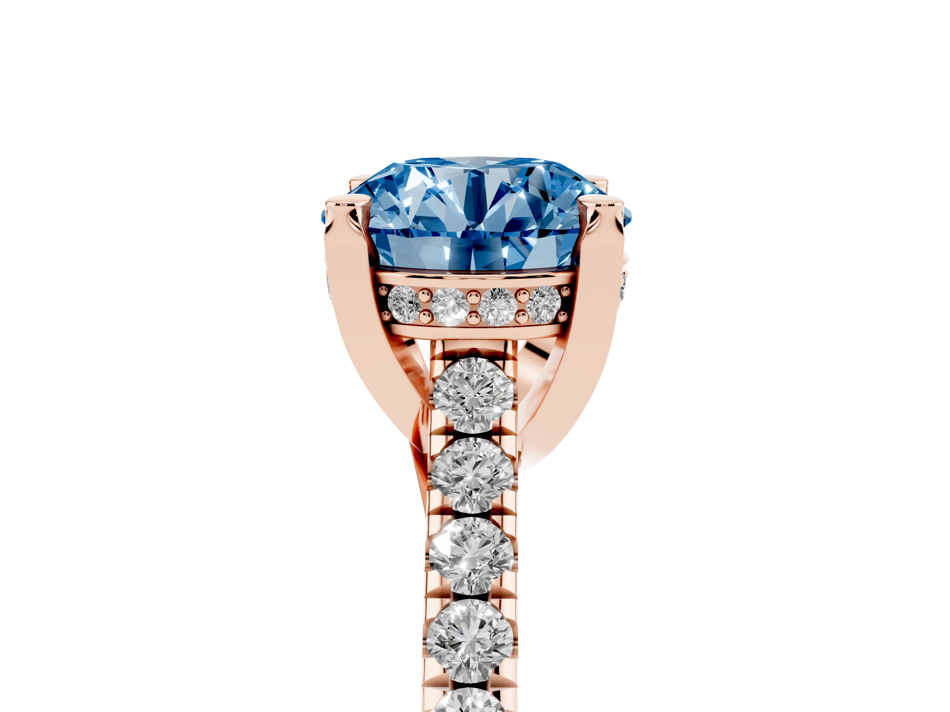 Fancy Blue Round Cut Diamond Solitaire Ring Set in Rose gold with Brilliant Pavé Band and Prong Setting