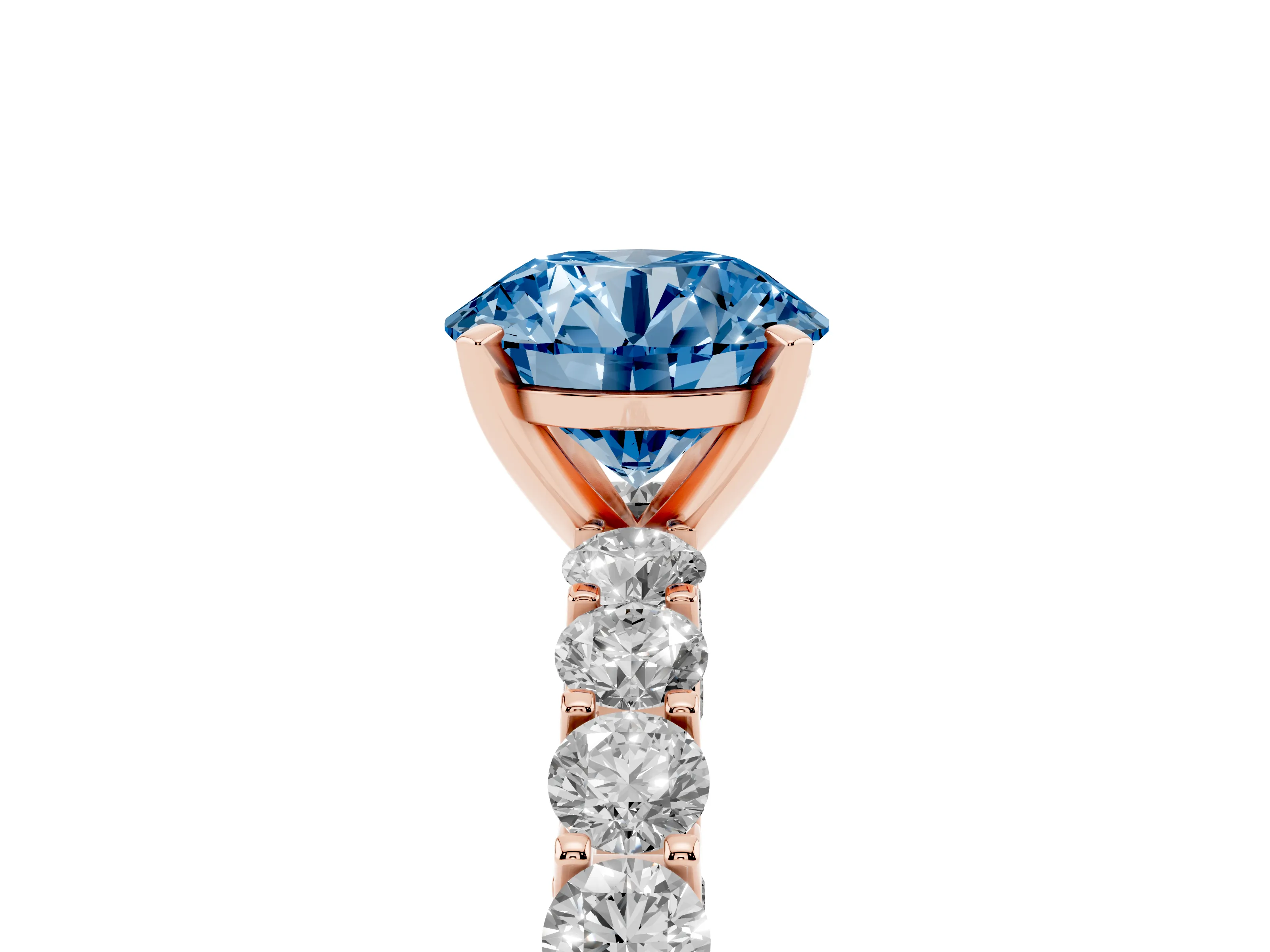 Fancy Blue Round Cut Diamond Solitaire Ring Set in Rose gold with Shared Prong Pavé Band
