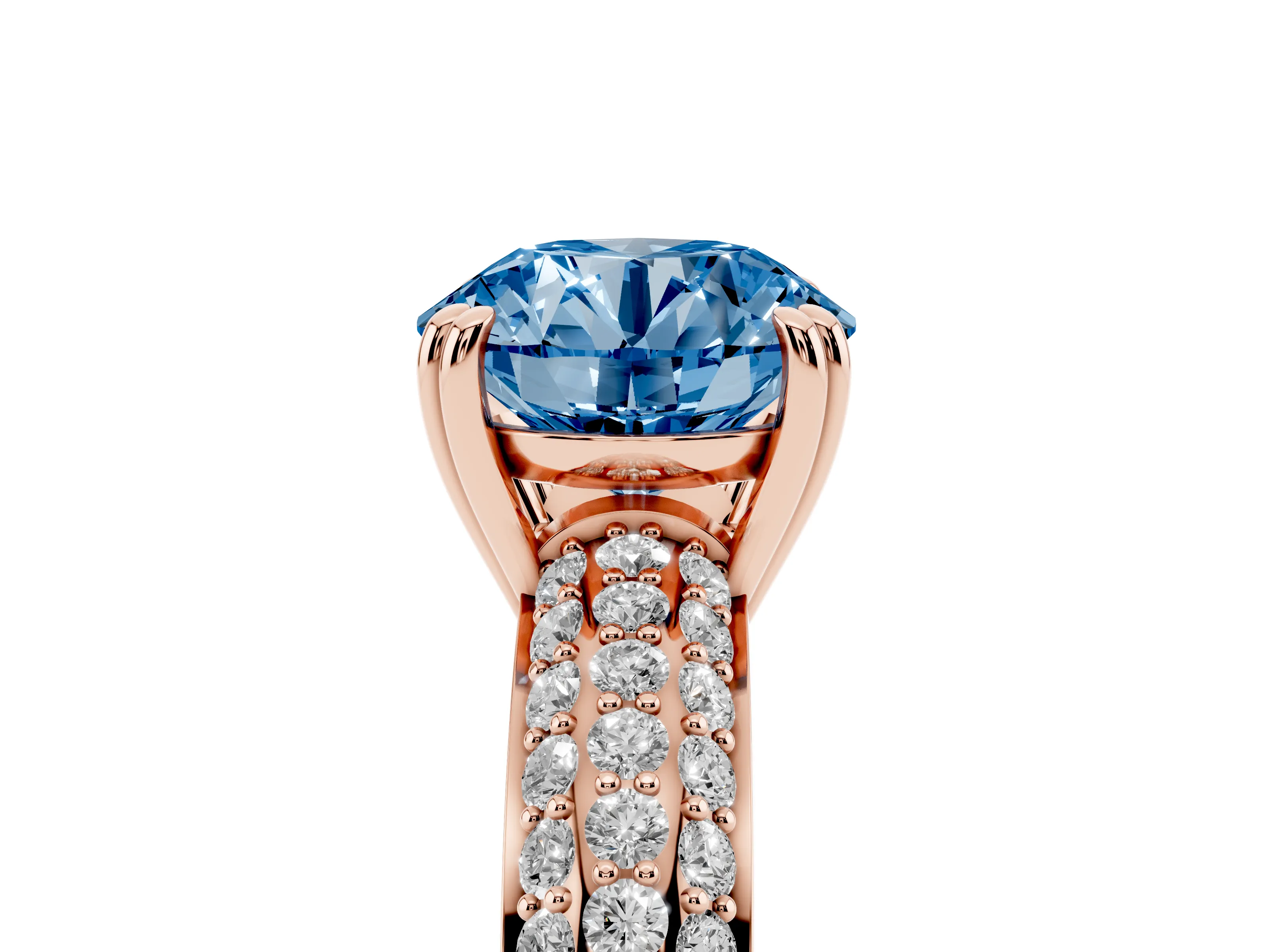Round Three Row Pave Engagement Ring Setting for a Fancy Blue Lab-Grown Diamond | Rose Gold