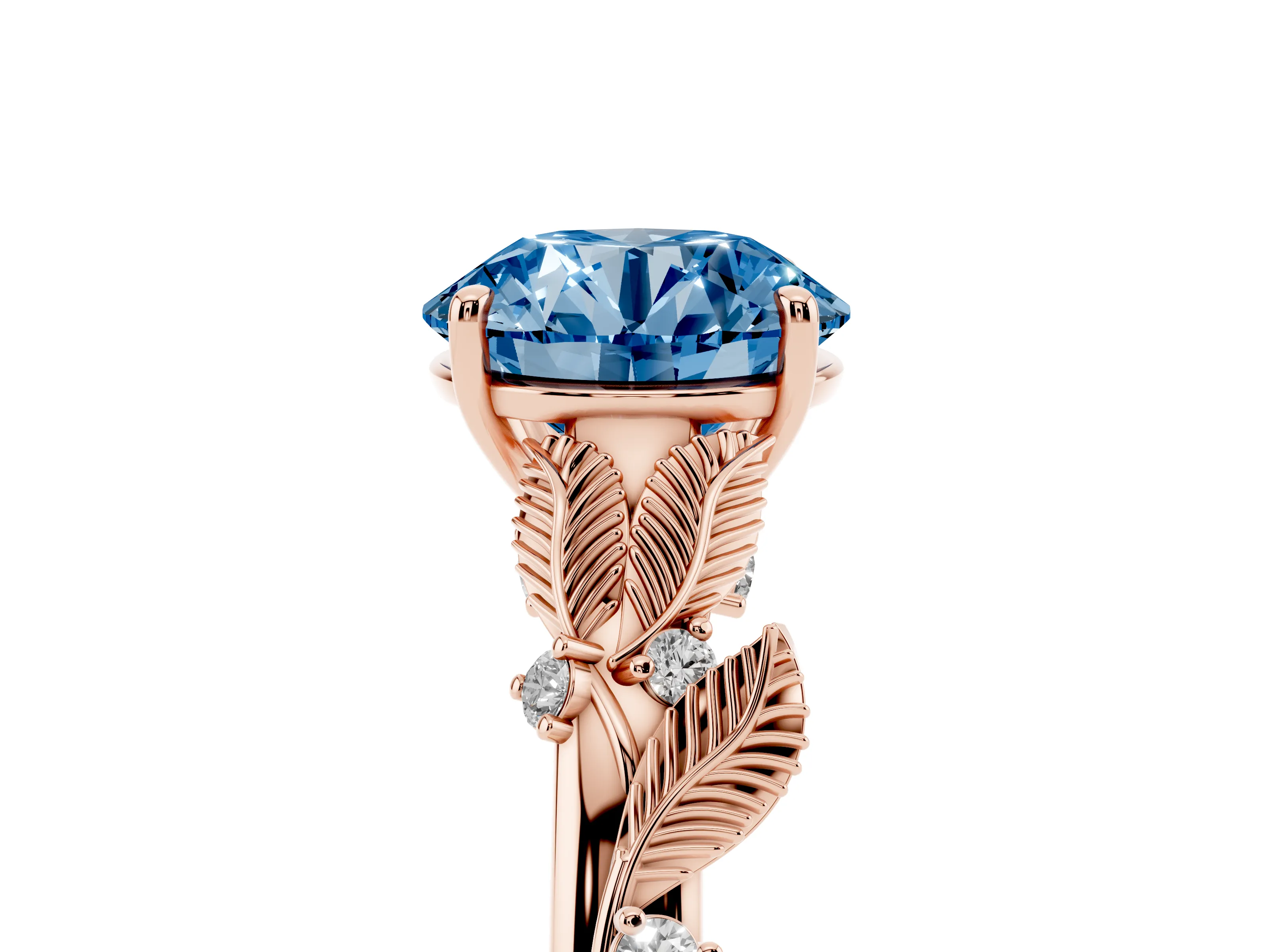 Fancy Blue Round Cut Diamond Solitaire Ring Set in Rose gold with Leaf Motif Band