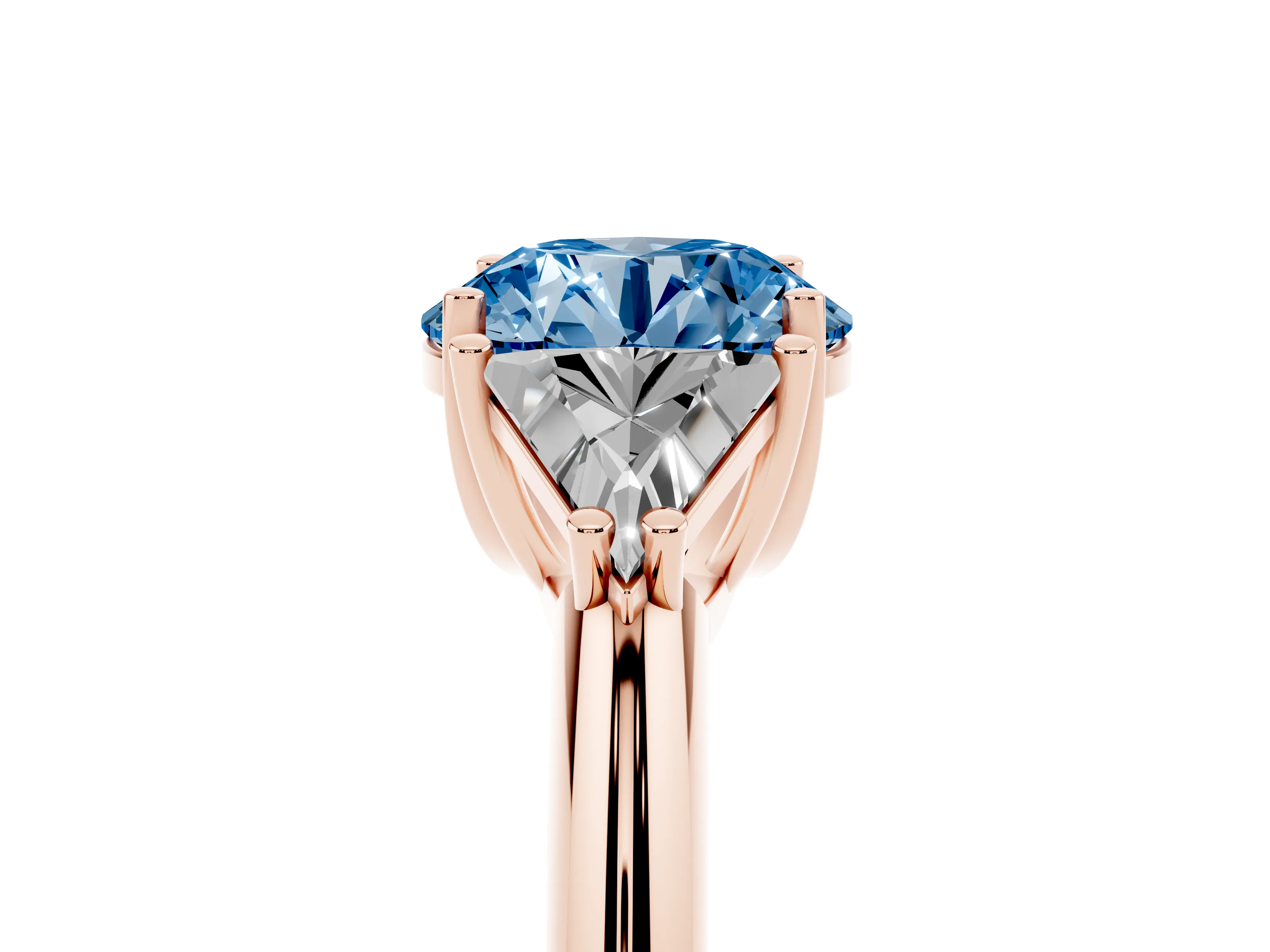 Fancy Blue Round Cut Diamond Three-Stone Engagement Ring Set in Rose gold with Trillion Side Stones