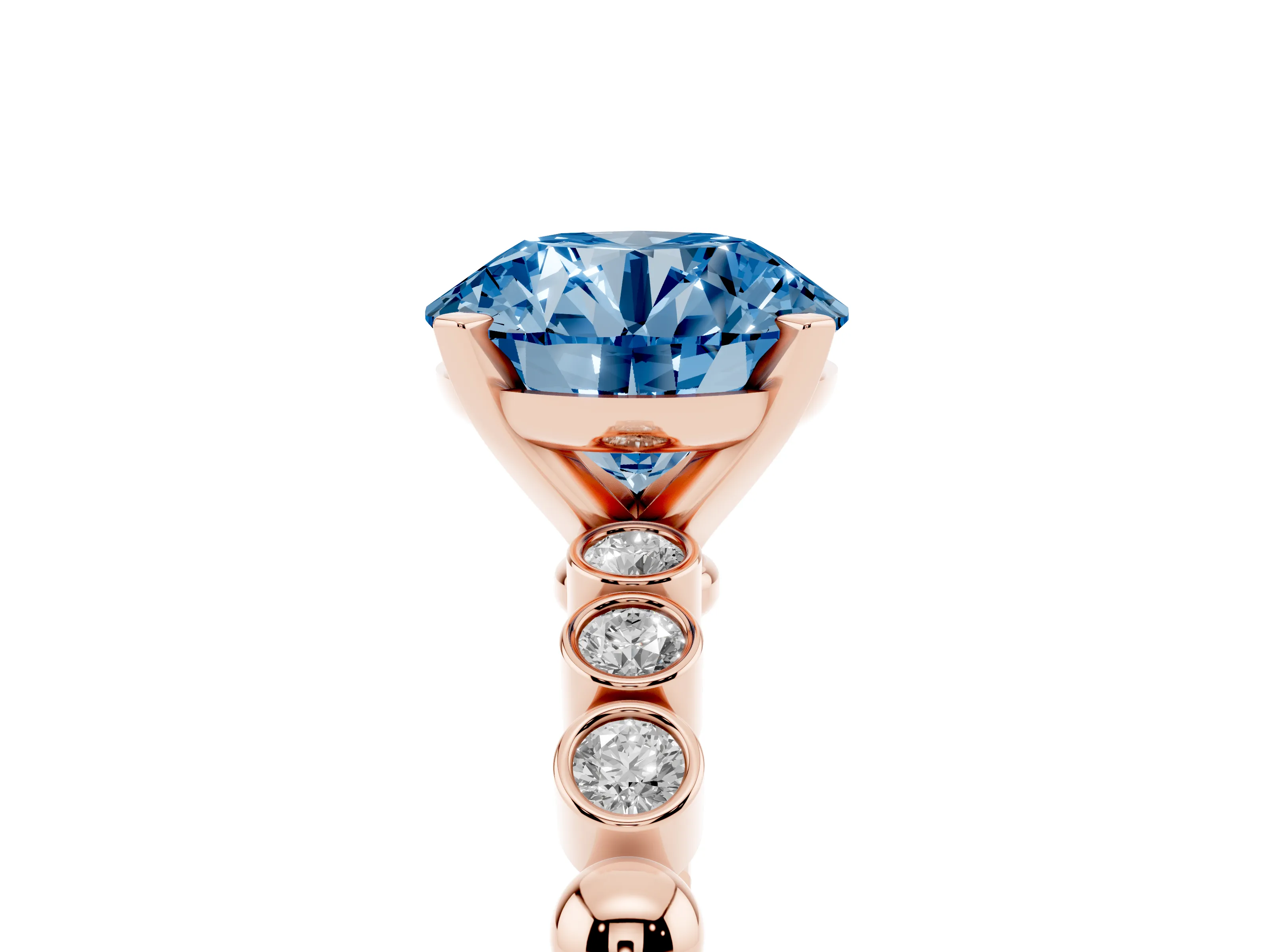 Fancy Blue Round Cut Diamond Solitaire Engagement Ring Set in Rose gold with Bezel Accents on Beaded Band