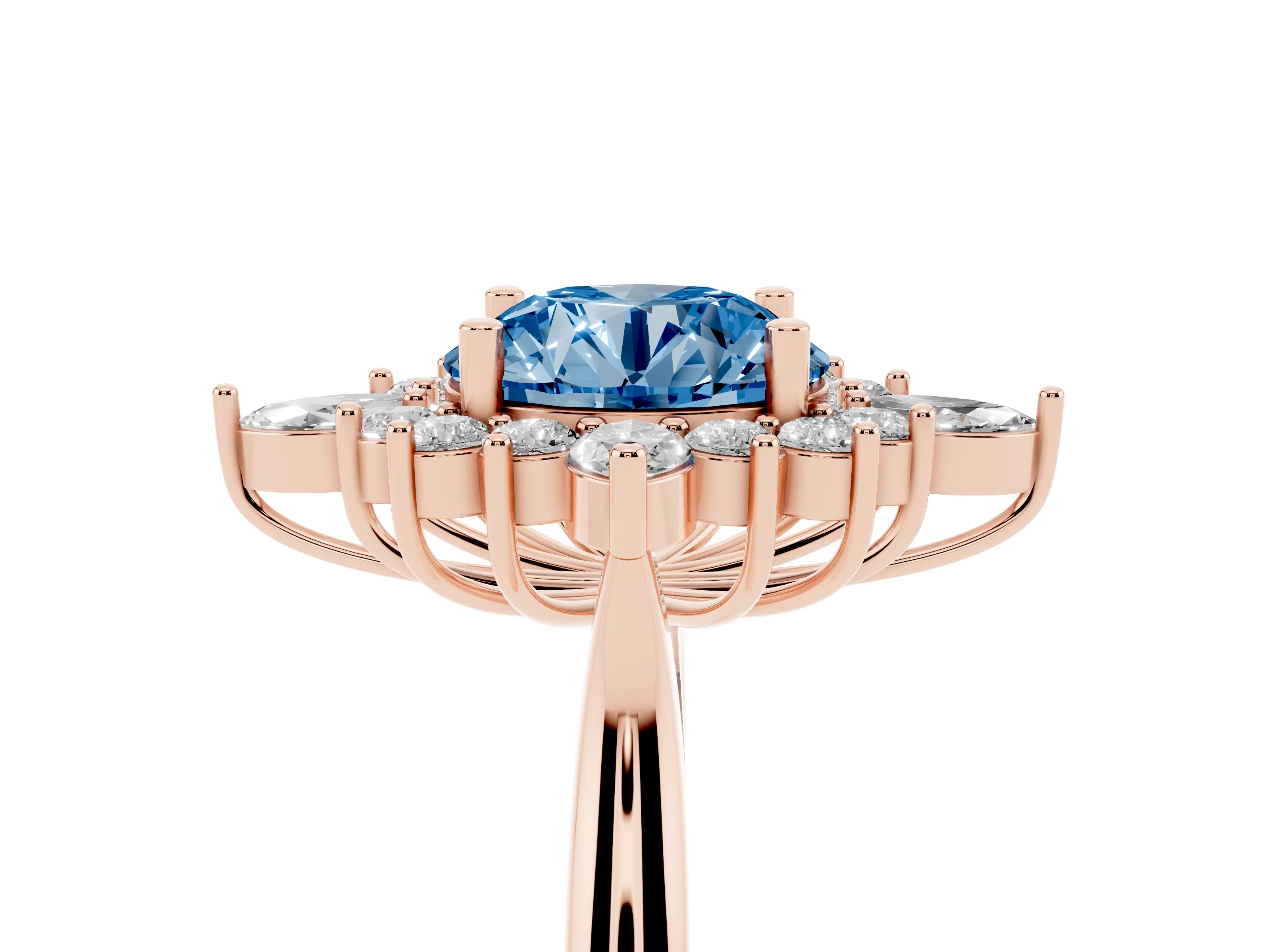 Fancy Blue Round Cut Diamond Cluster Halo Ring Set in Rose gold with Marquise and Round Accents