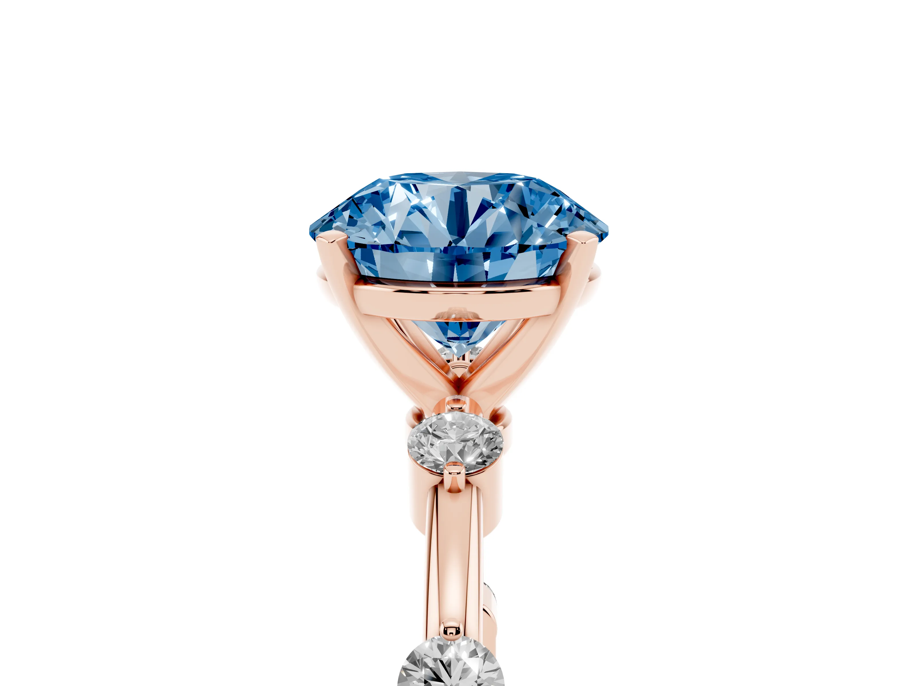 Fancy Blue Round Cut Diamond Solitaire Ring Set in Rose gold with Bezel Set Side Stones and Prong Setting