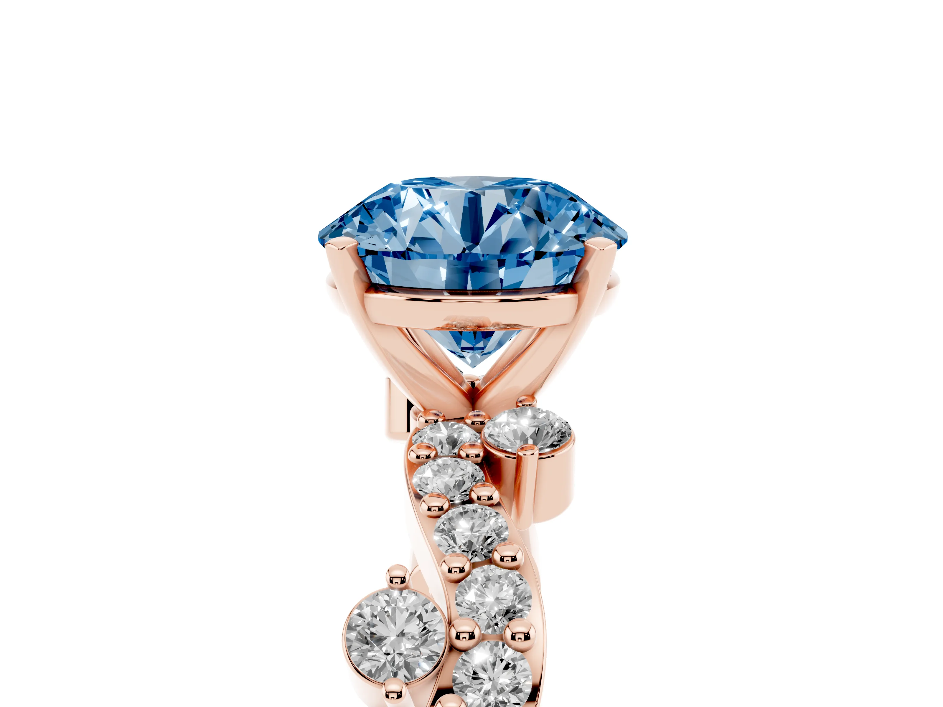 Fancy Blue Round Cut Diamond Solitaire Twisted Band Set in Rose gold with Pavé Setting