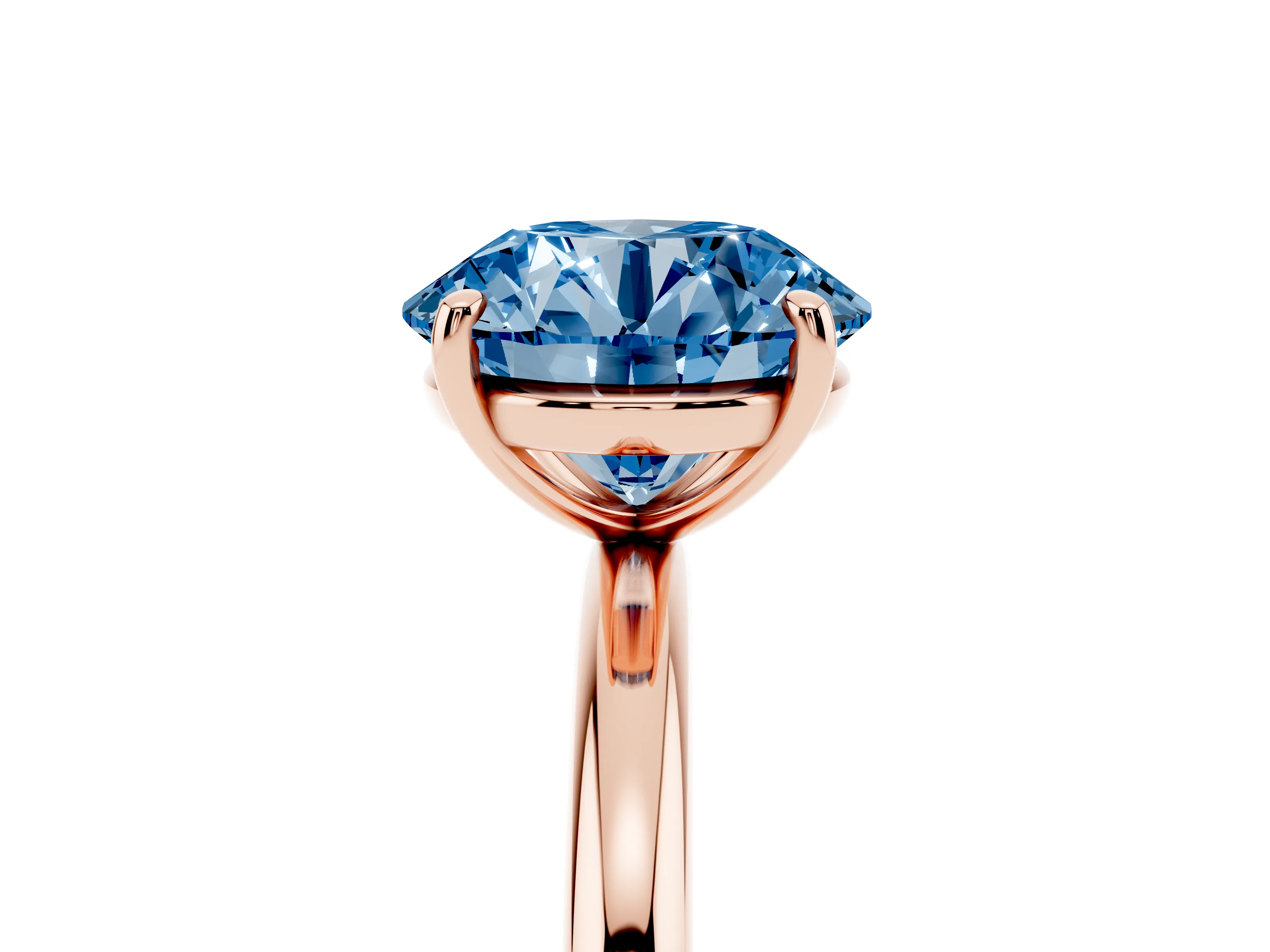 Fancy Blue Round Cut Diamond Solitaire Ring Set in Rose gold with Prong Setting on a Polished Plain Band