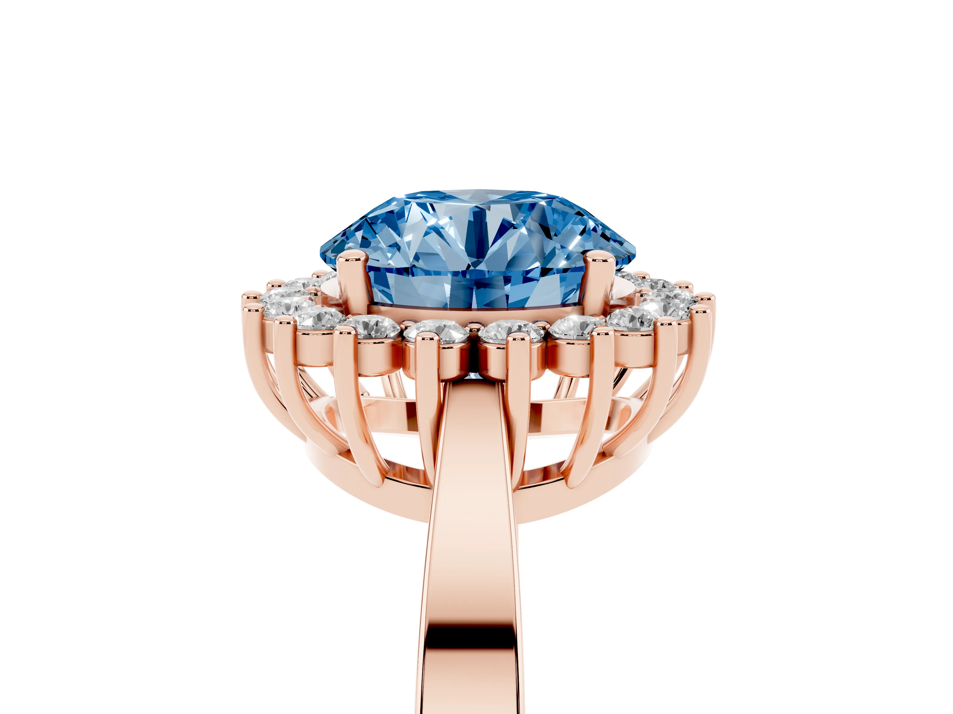 Fancy Blue Round Cut Diamond Halo Ring Set in Rose gold with Round Halo and Smooth Solitaire Band