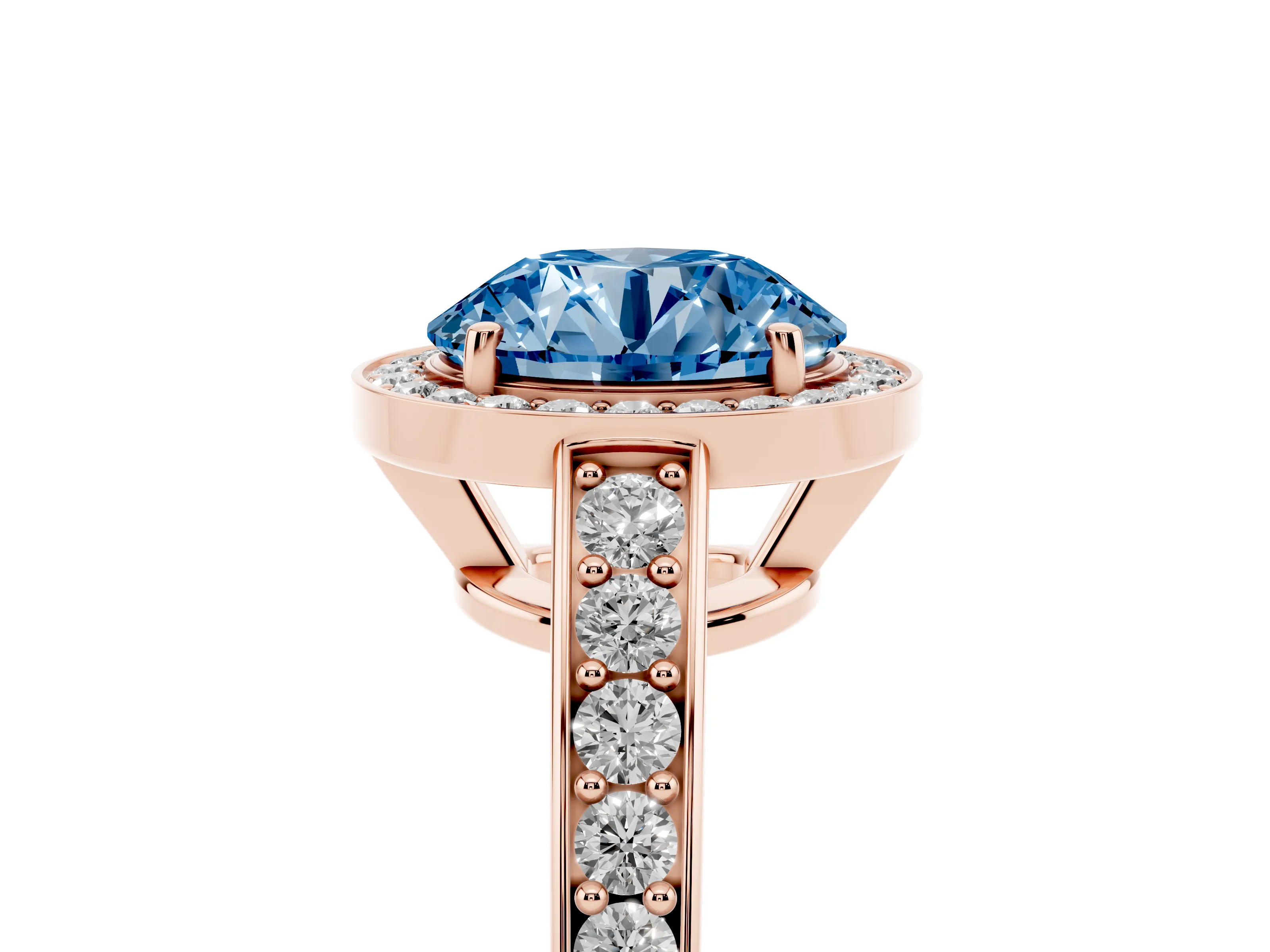 Fancy Blue Round Cut Diamond Halo Pavé Engagement Ring Set in Rose gold with Bezel Setting