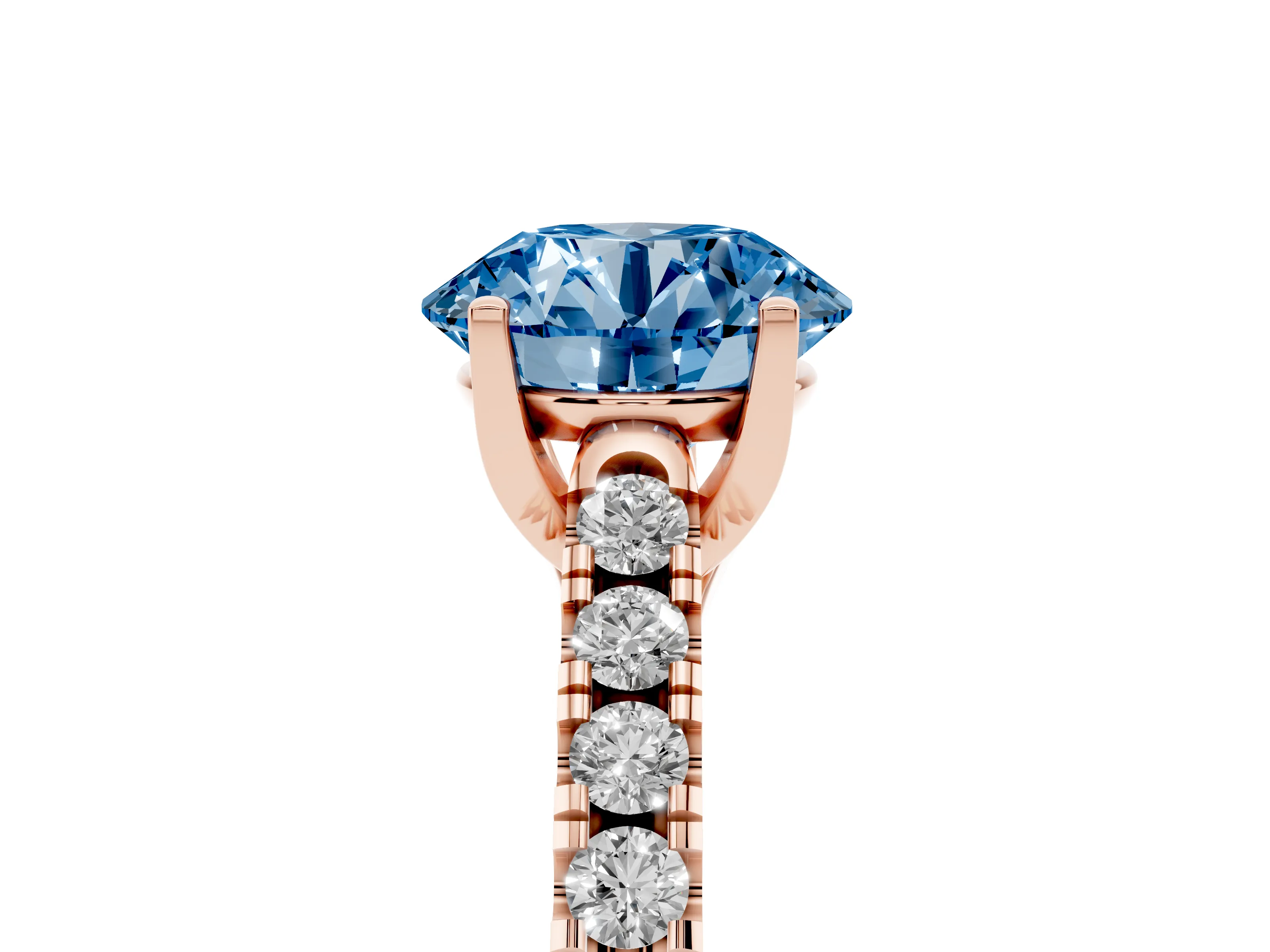 Fancy Blue Round Cut Diamond Pavé Band Solitaire Ring Set in Rose gold with Partway Accent Stones and Prong Setting