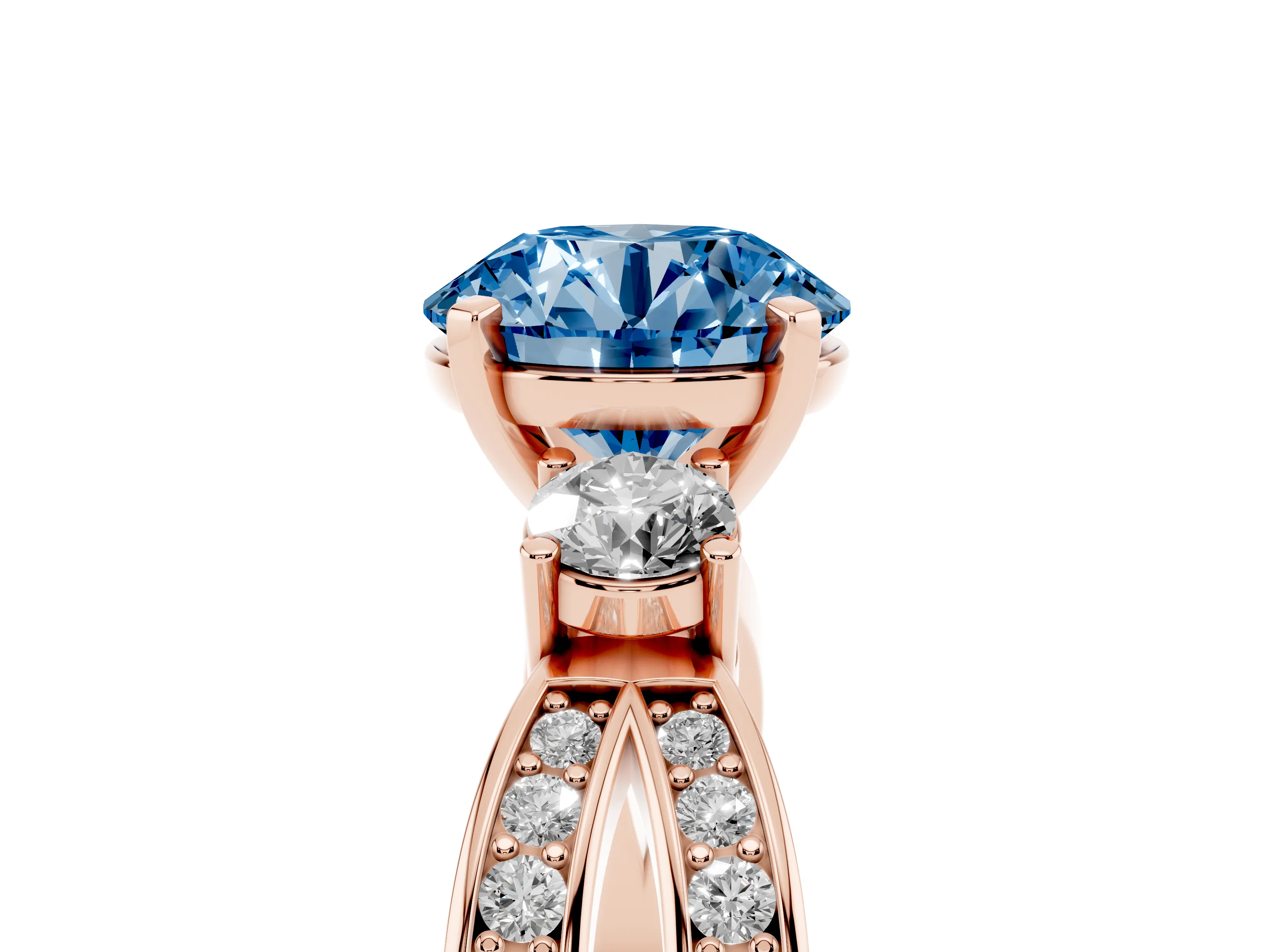 Fancy Blue Three-Stone Round Cut Diamond Twist Band Ring Set in Rose gold with Pavé Accents and Prong Setting