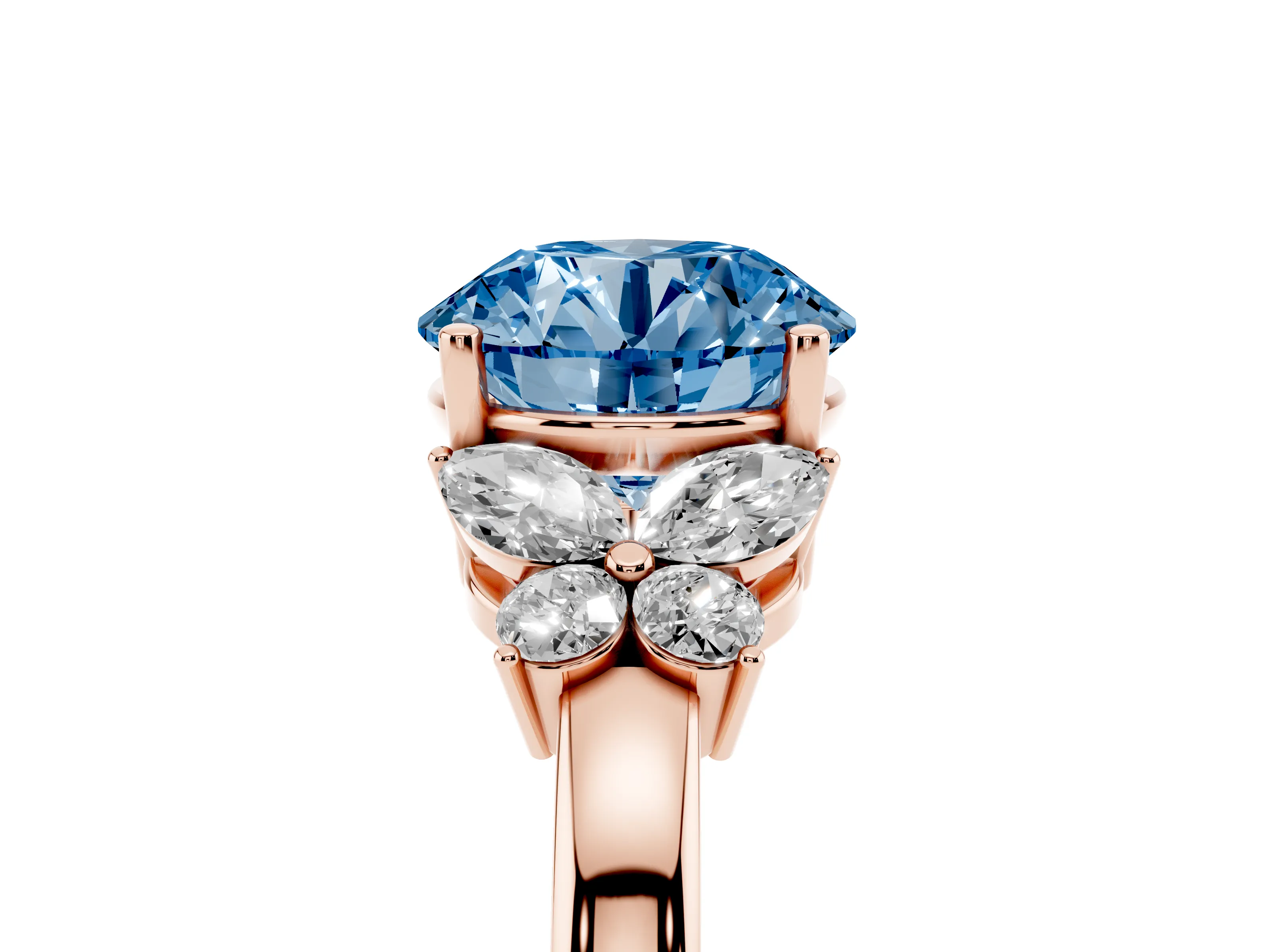 Fancy Blue Round Cut Diamond Solitaire Floral Ring Set in Rose gold with Marquise Petals and Prong Setting
