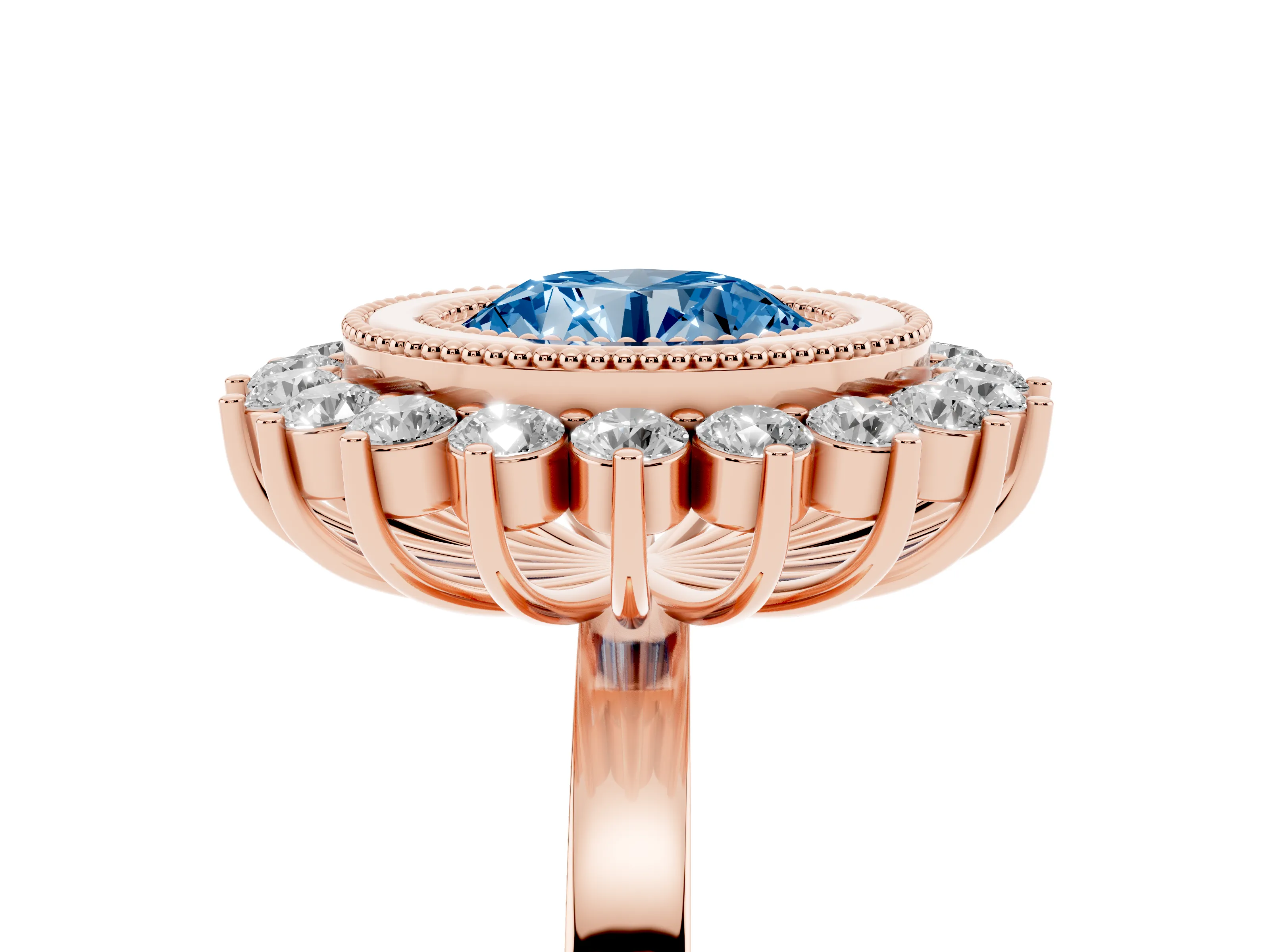 Fancy Blue Round Cut Diamond Halo Ring Set in Rose gold with Milgrain Edge and Round Prong Setting