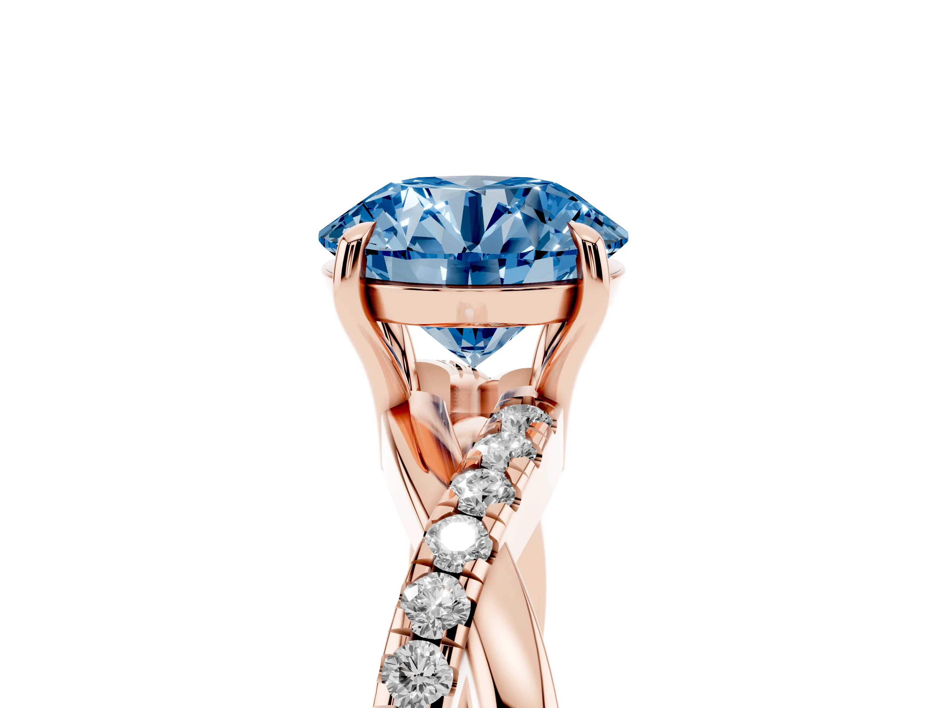 Fancy Blue Round Cut Diamond Twisted Pavé Band Ring Set in Rose gold with Prong Setting