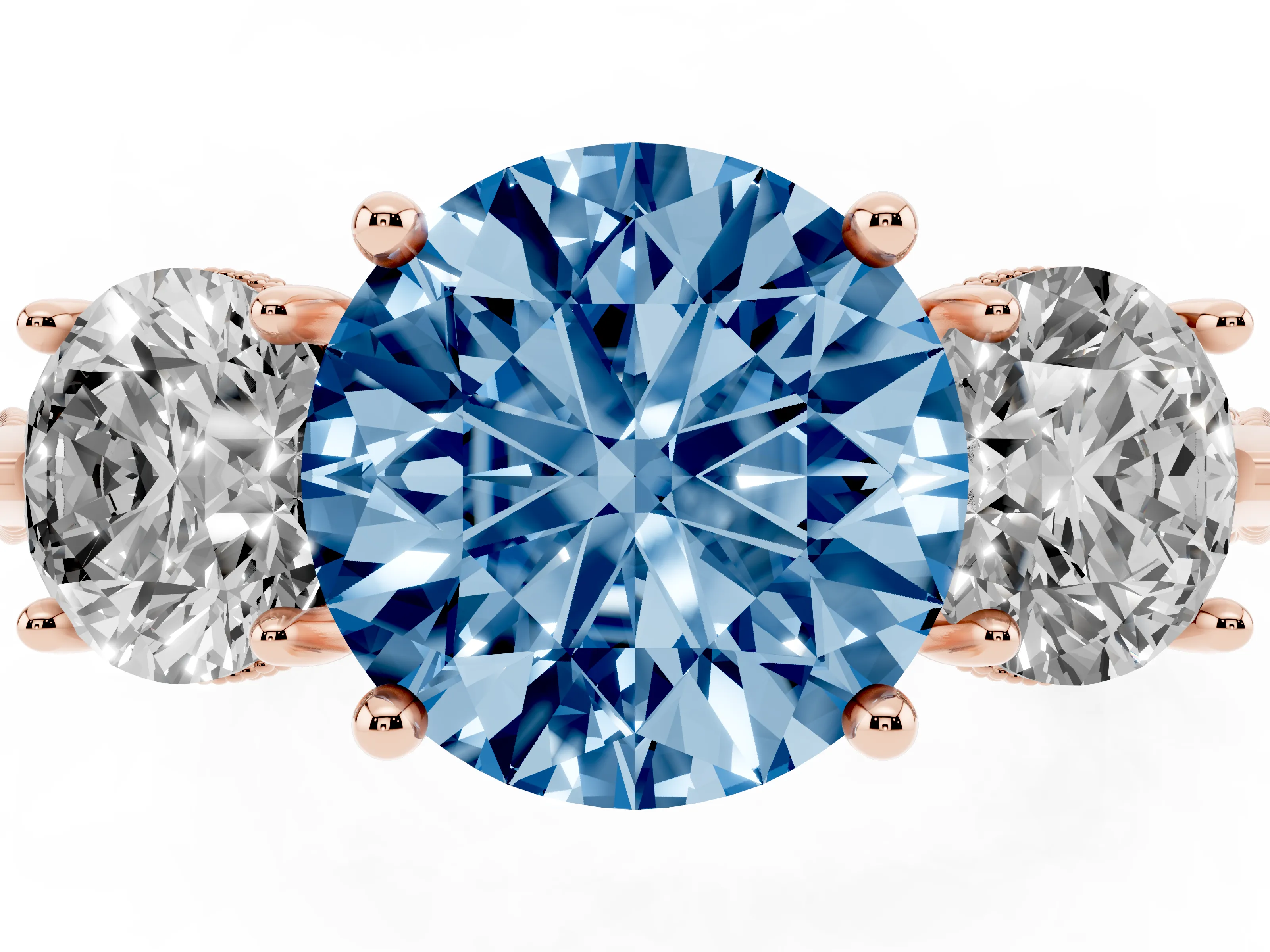 Fancy Blue Round Cut Diamond Three-Stone Ring Set in Rose gold with Milgrain Band