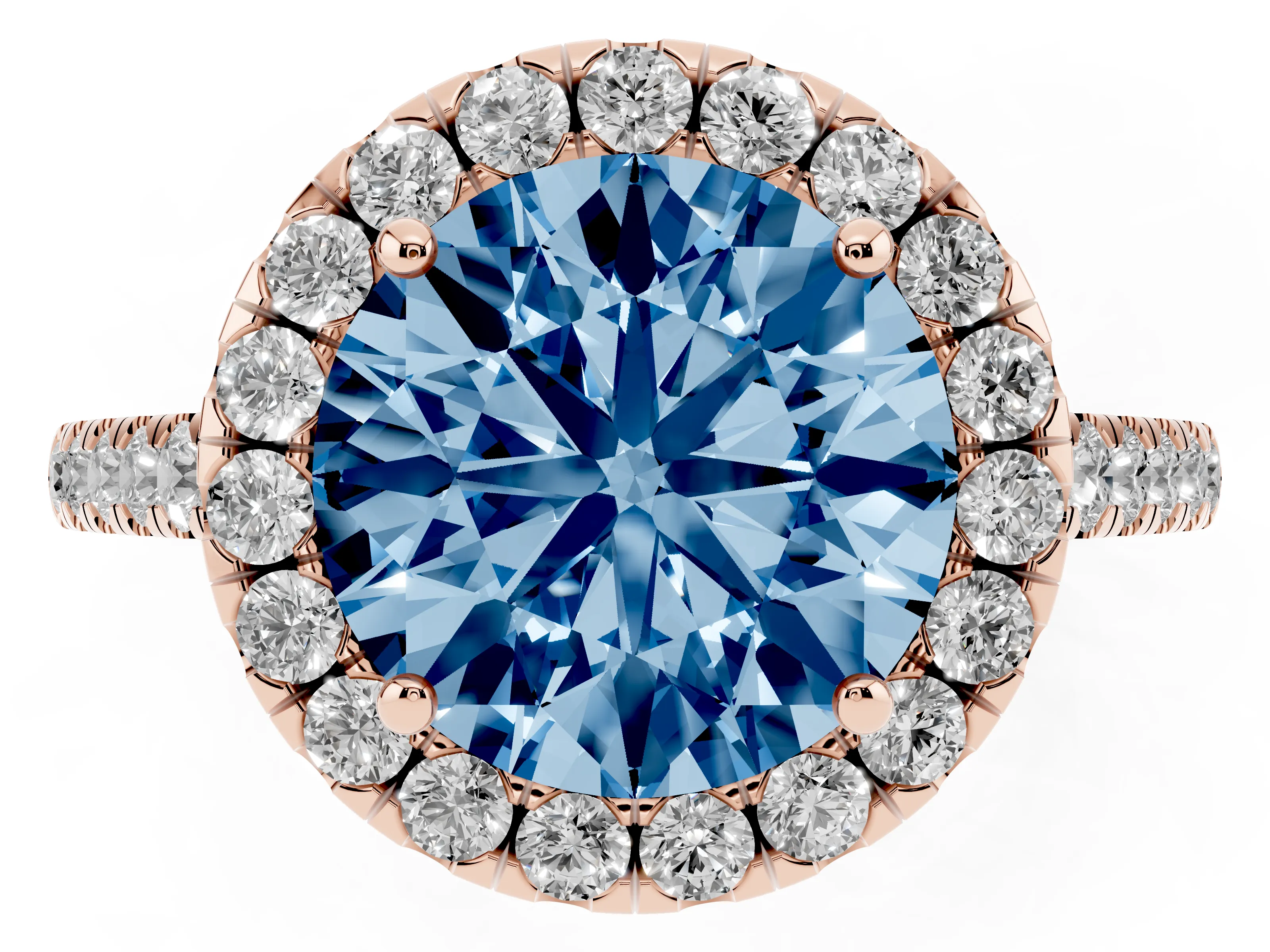 Fancy Blue Round Cut Diamond Halo Pavé Engagement Ring Set in Rose gold with Prong Setting