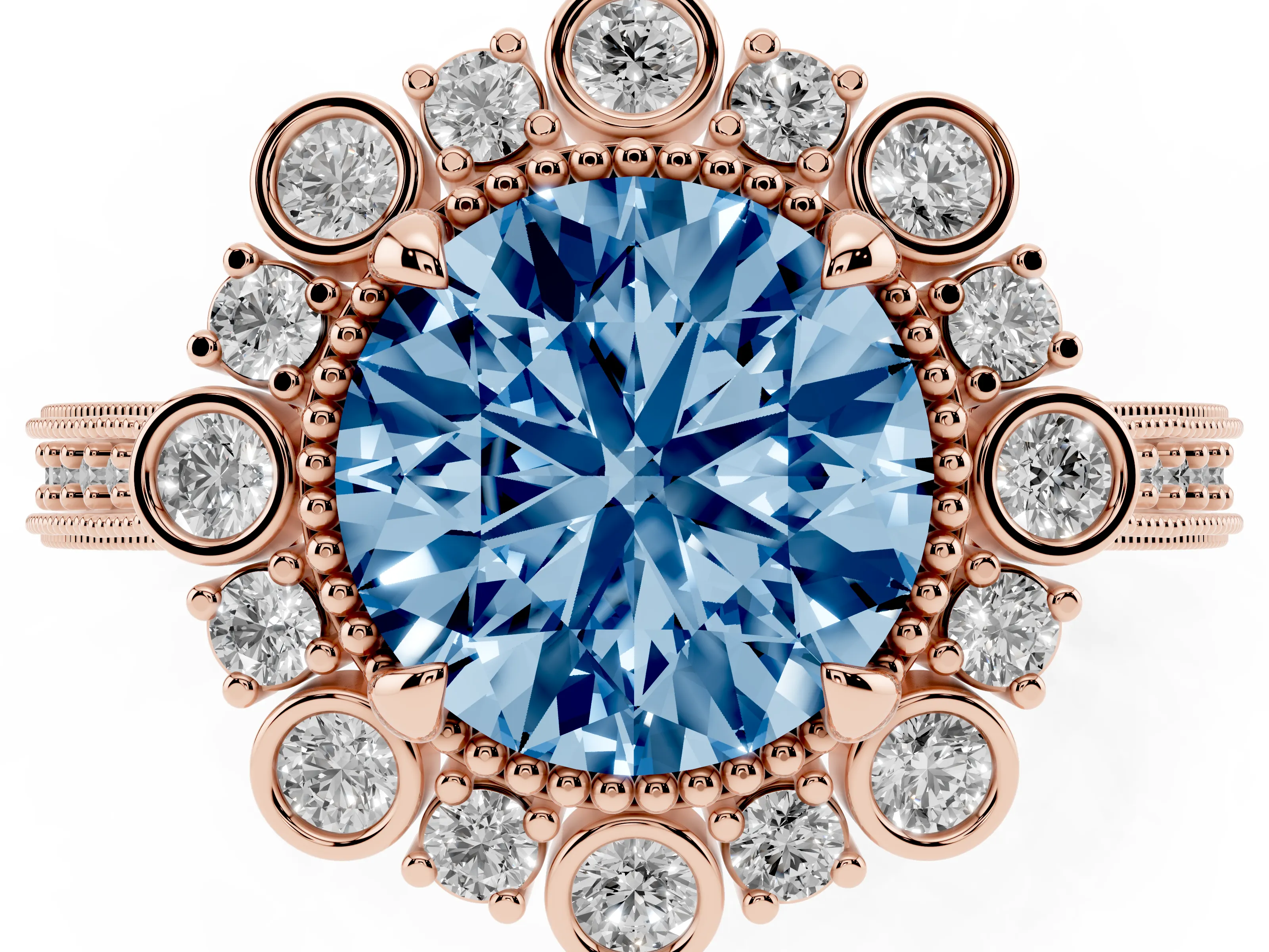 Fancy Blue Round Cut Diamond Halo Milgrain Pavé Ring Set in Rose gold with Prong Setting