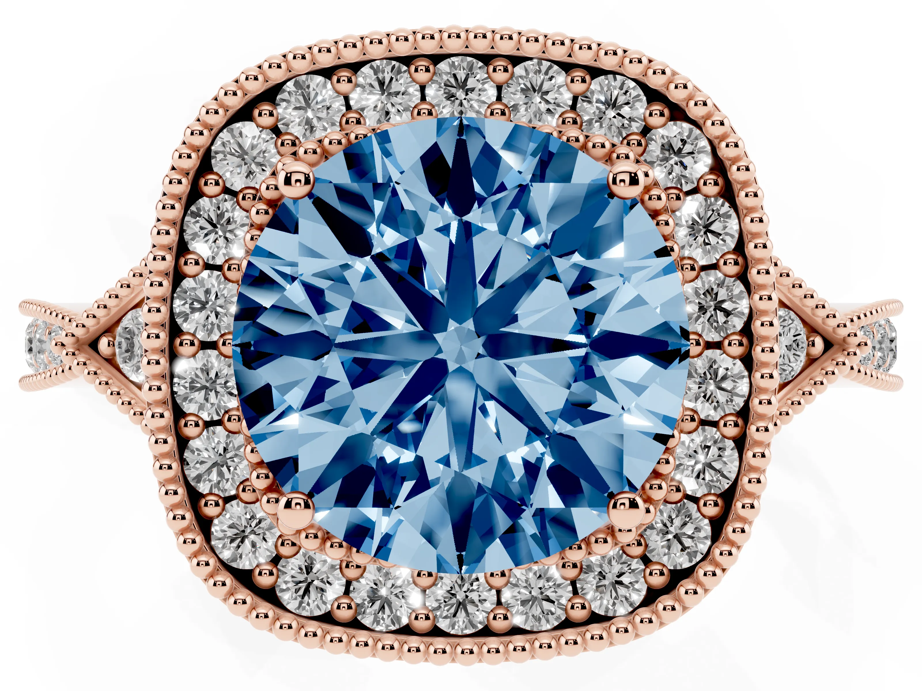 Fancy Blue Round Cut Diamond Halo Engagement Ring Set in Rose gold with Milgrain Pavé Band