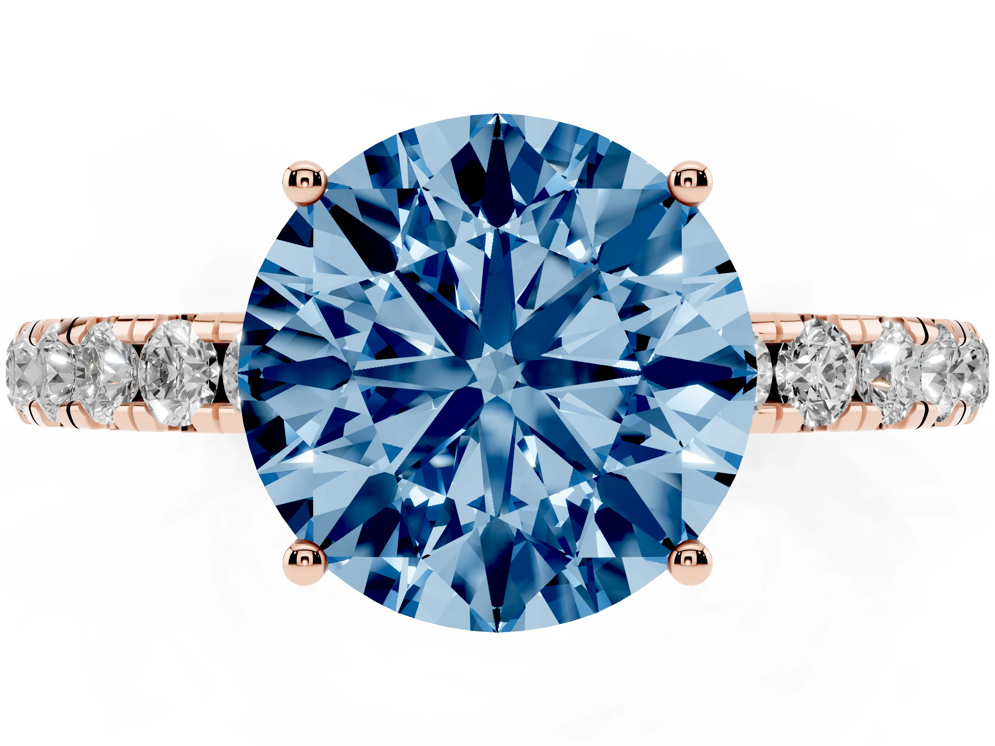 Fancy Blue Round Cut Diamond Pavé Solitaire Engagement Ring Set in Rose gold with Prong Setting