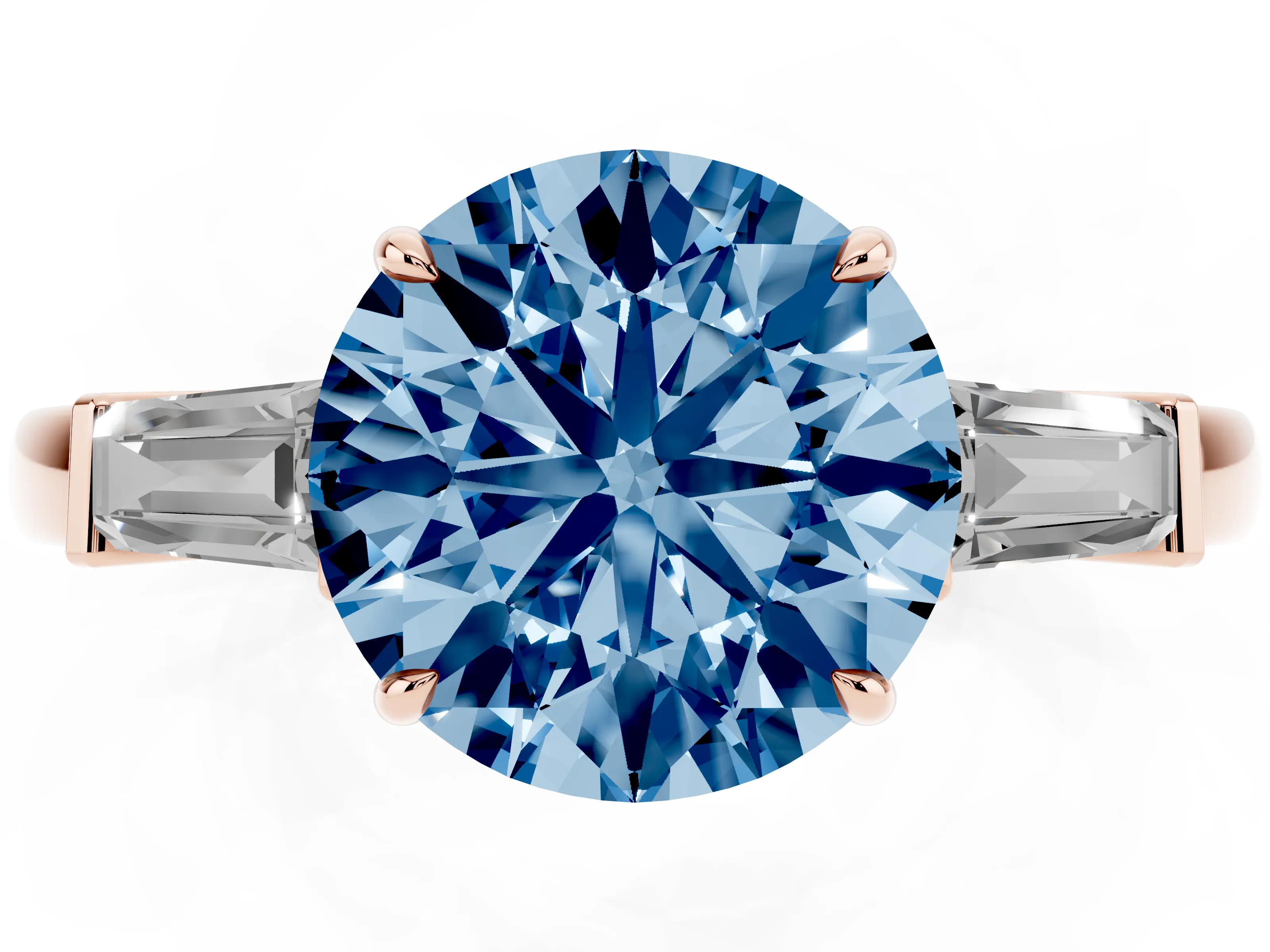 Fancy Blue Round Cut Diamond Three-Stone Ring Set in Rose gold with Tapered Baguette Side Stones and Prong Setting