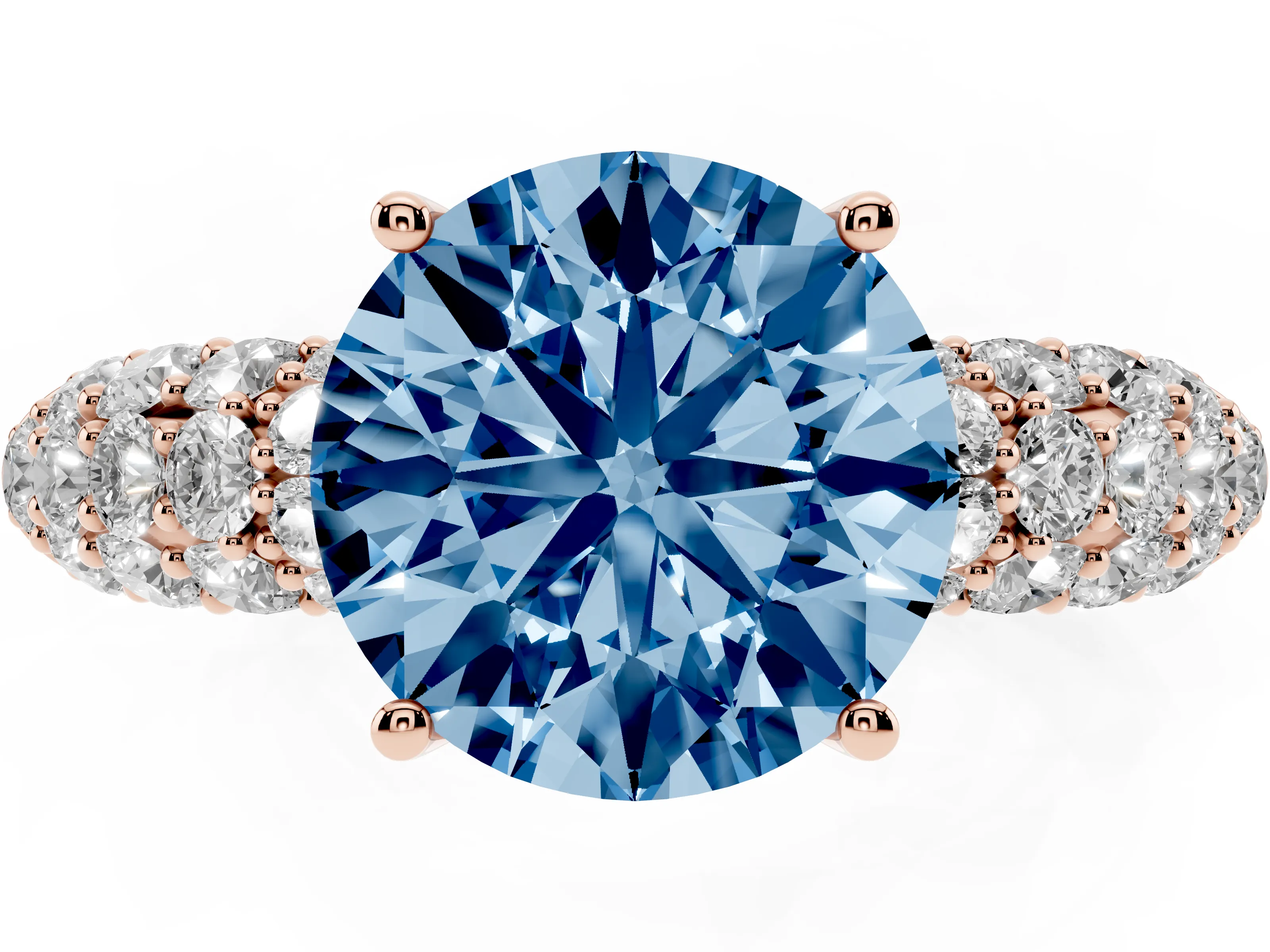 Fancy Blue Round Cut Diamond Pavé Band Solitaire Ring Set in Rose gold with Close-Set Accent Stones and Prong Setting