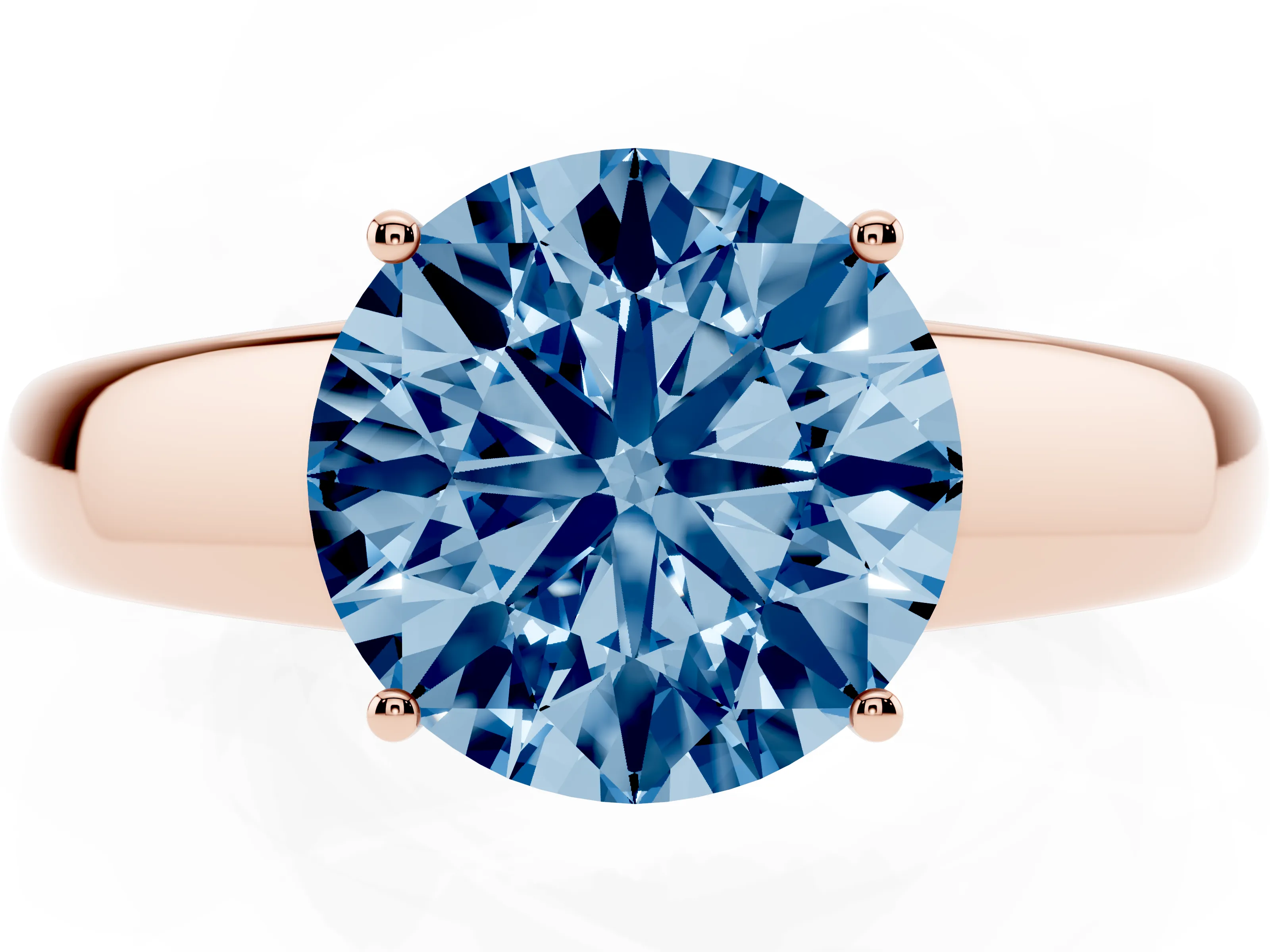 Fancy Blue Round Cut Diamond Solitaire Ring Set in Rose gold with Tapered Band and Prong Setting
