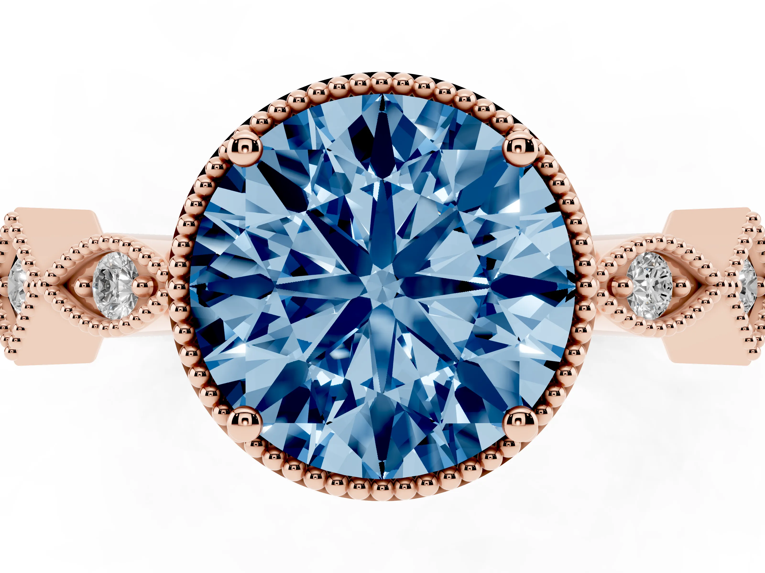 Fancy Blue Round Cut Diamond Milgrain Marquise Twist Band Ring Set in Rose gold with Prong Setting