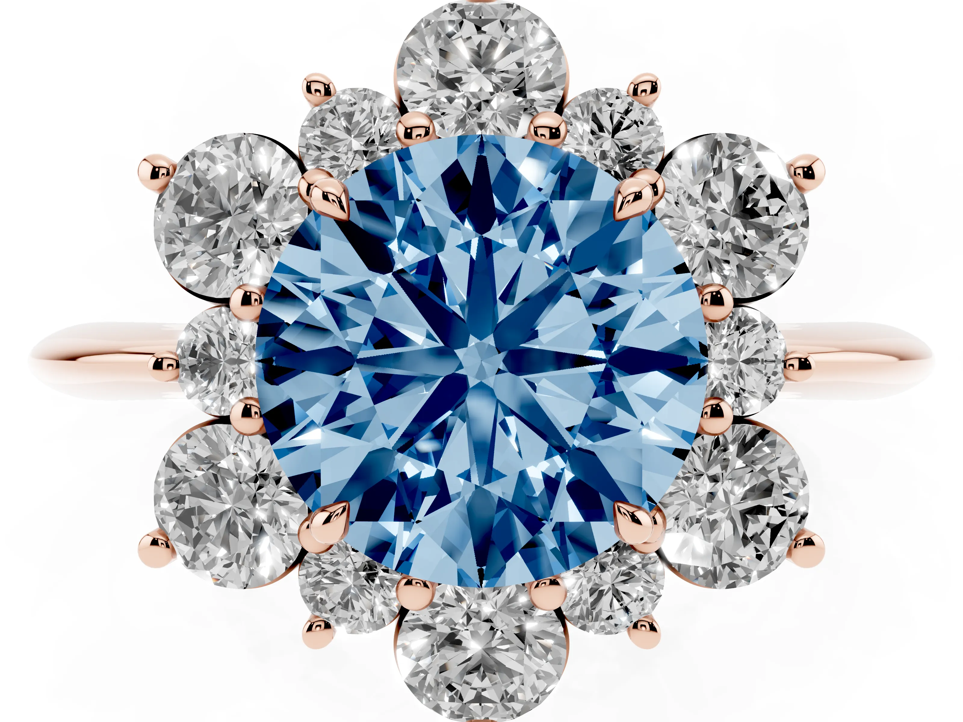 Fancy Blue Round Cut Diamond Cluster Halo Ring Set in Rose gold with Solitaire Band and Prong Setting