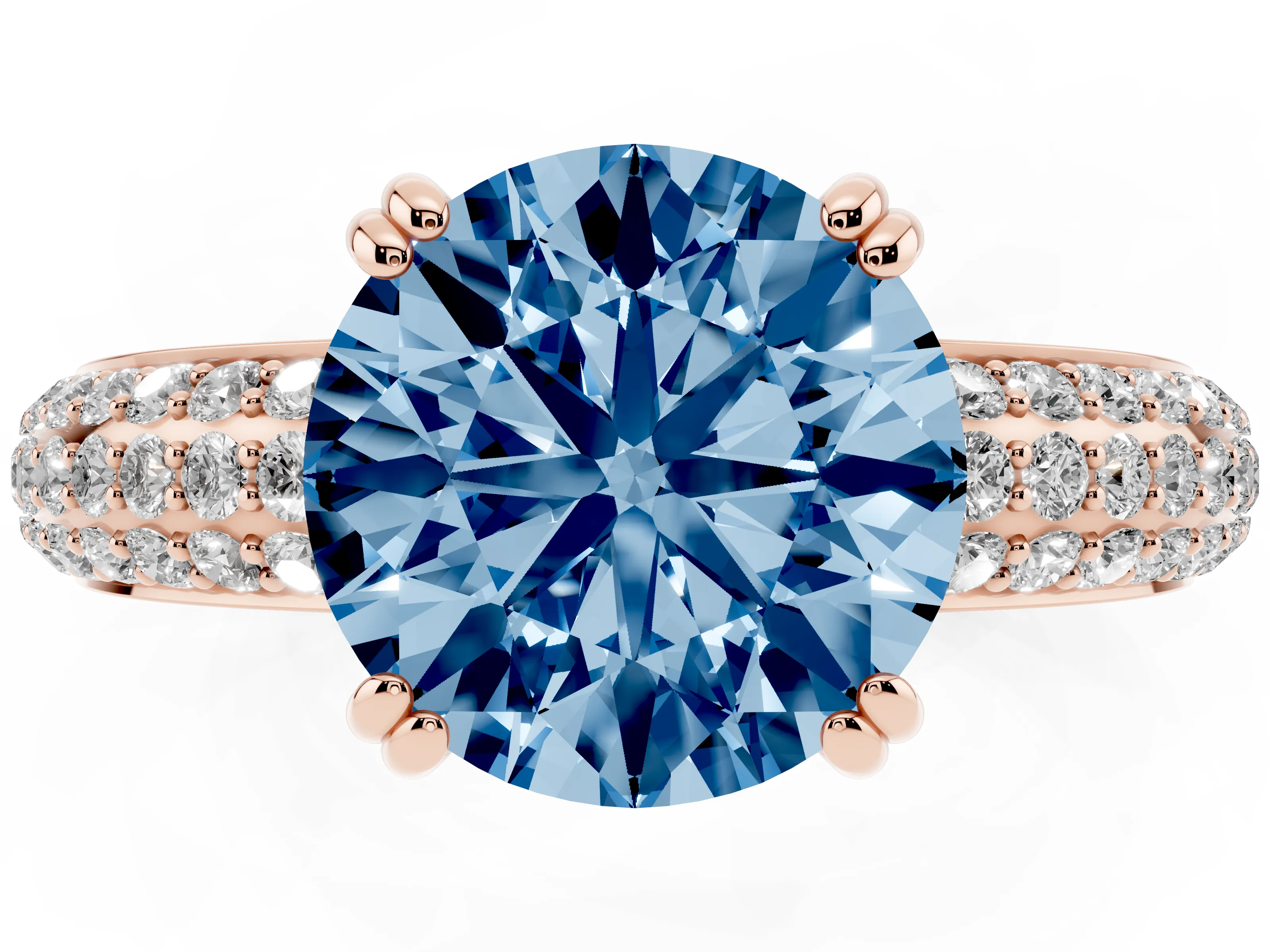 Round Three Row Pave Engagement Ring Setting for a Fancy Blue Lab-Grown Diamond | Rose Gold
