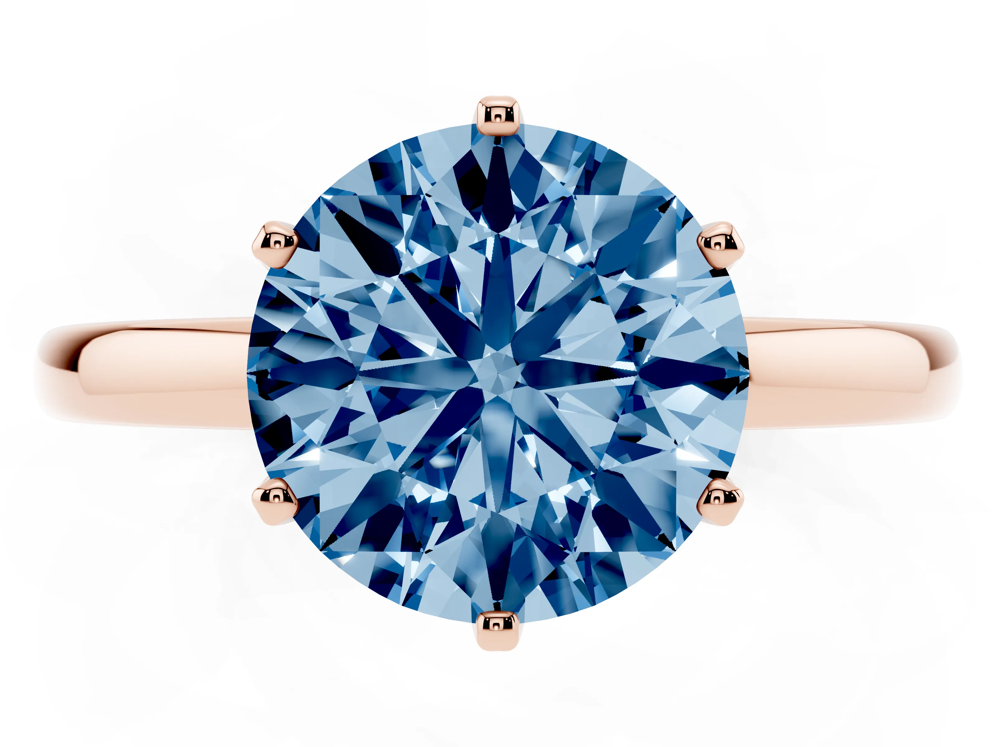 Fancy Blue Round Cut Diamond Solitaire Ring Set in Rose gold with Raised Prong Setting on a Classic Band