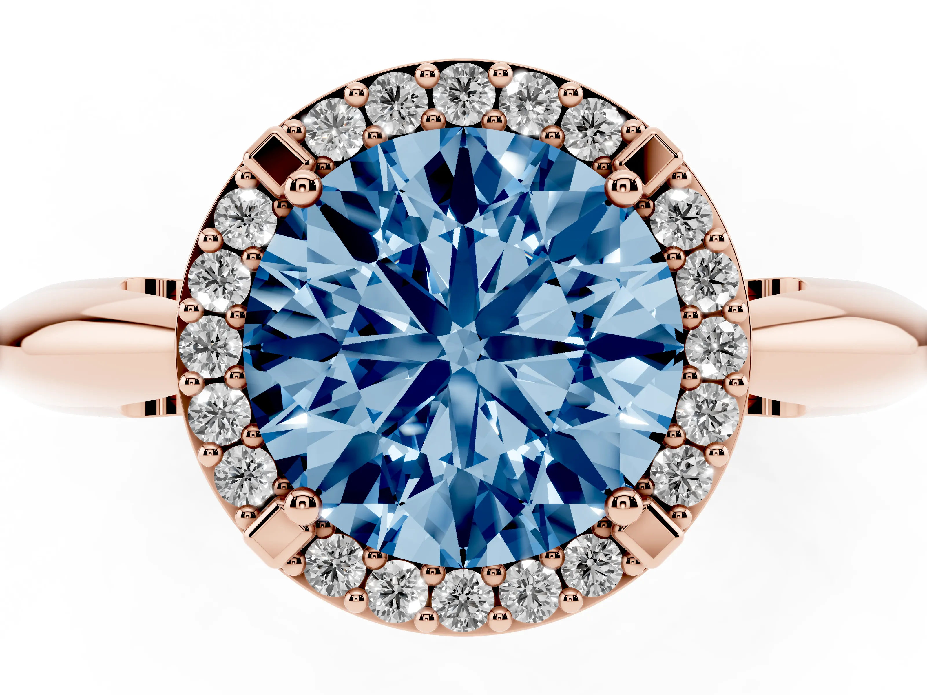 Fancy Blue Round Cut Diamond Halo Engagement Ring Set in Rose gold with Plain Split Shank and Prong Setting