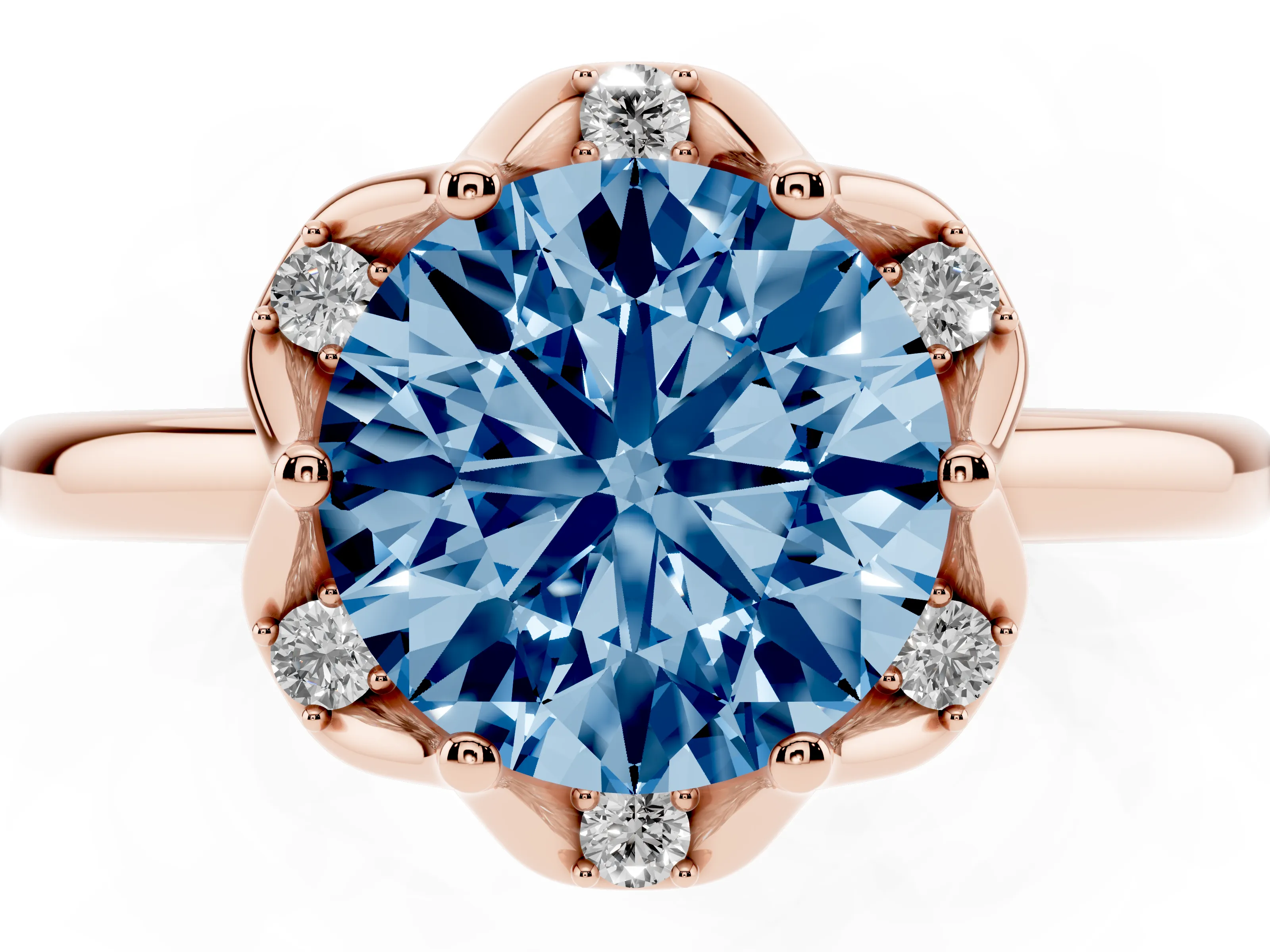 Fancy Blue Round Cut Diamond Round Cluster Halo Ring Set in Rose gold with Solitaire Band and Prong Setting