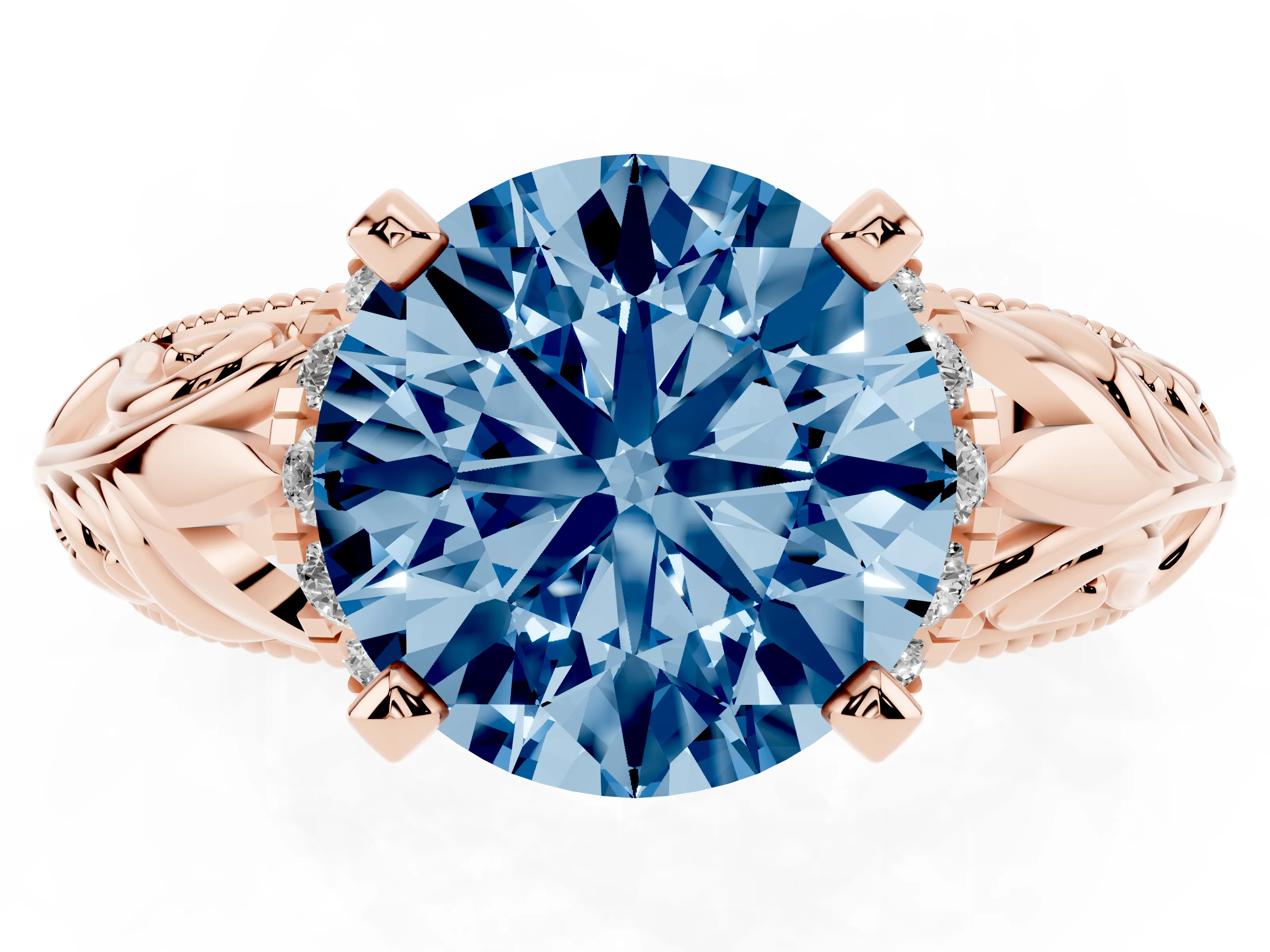 Fancy Blue Round Cut Diamond Filigree Halo Engagement Ring Set in Rose gold with Prong Setting