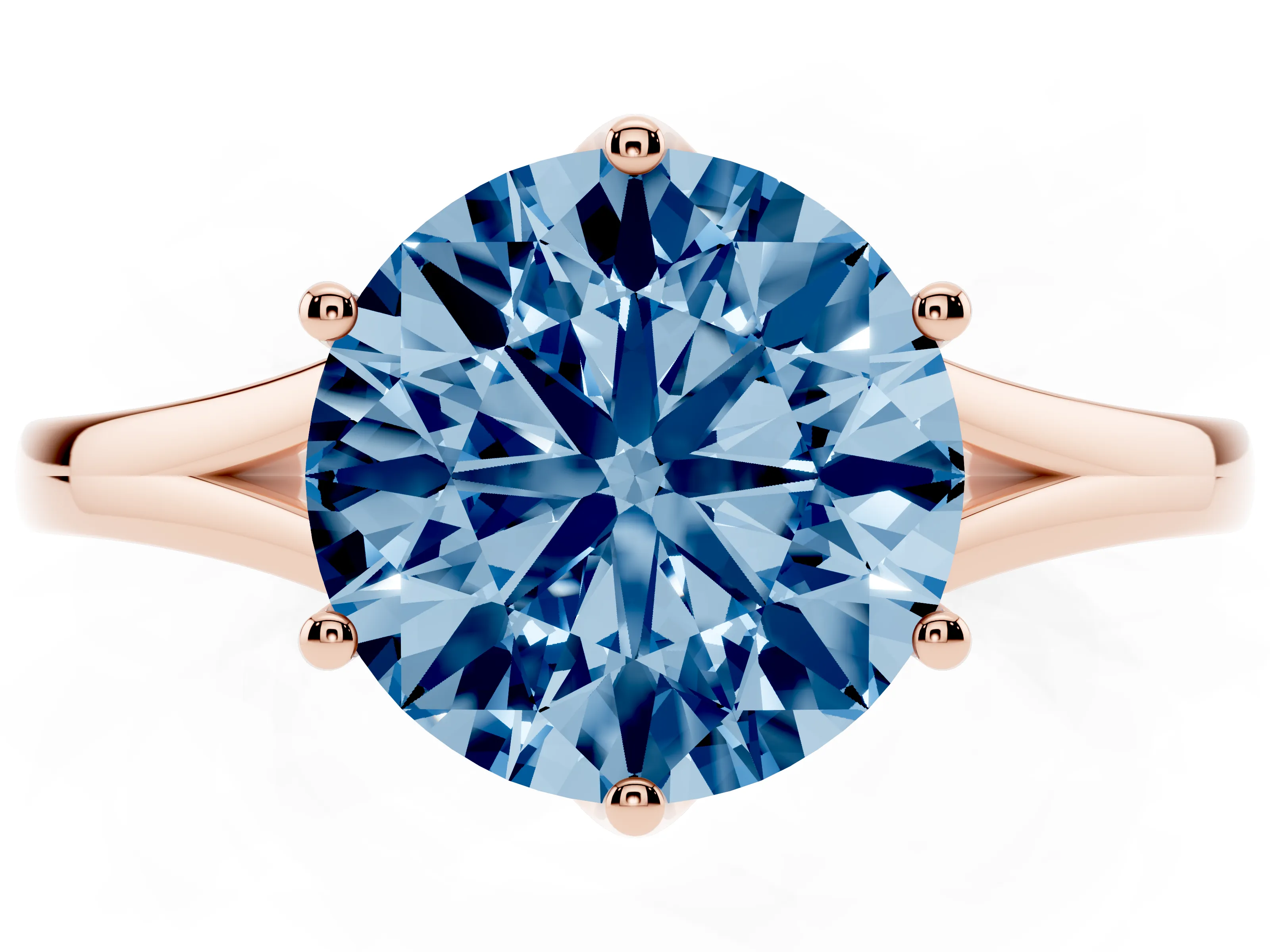 Fancy Blue Round Cut Diamond Solitaire Ring Set in Rose gold with Polished Tapered Band and Prong Setting
