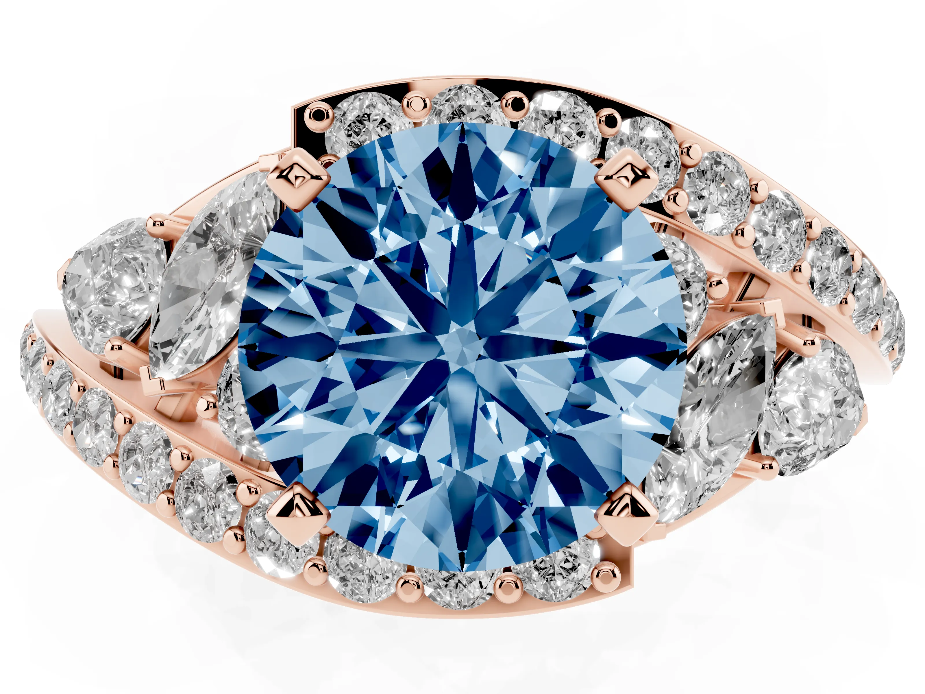 Fancy Blue Round Cut Diamond Halo Ring Set in Rose gold with Marquise and Pavé Band in Prong Setting