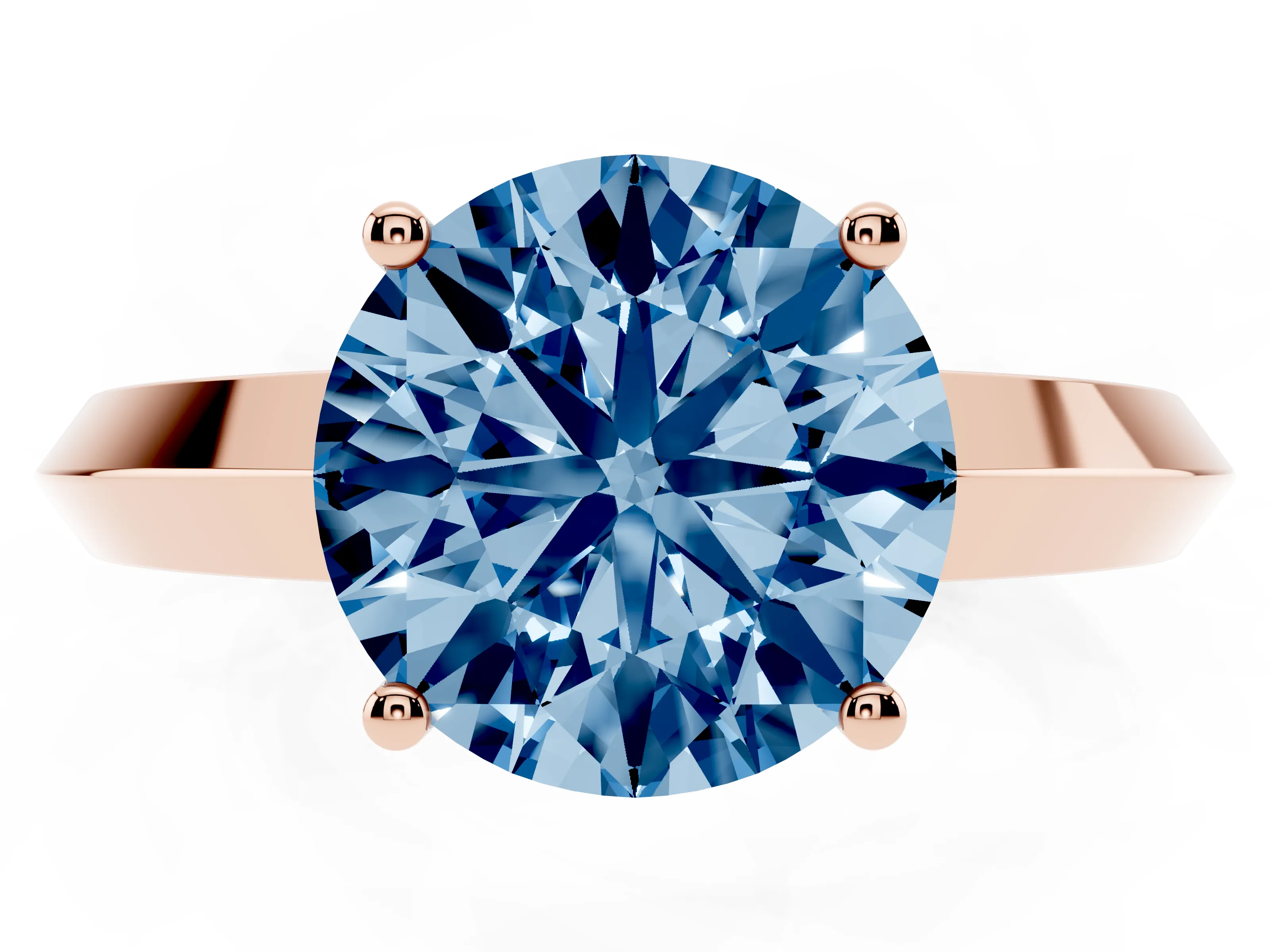Fancy Blue Round Cut Diamond Solitaire Engagement Ring Set in Rose gold with Flat Band and Prong Setting