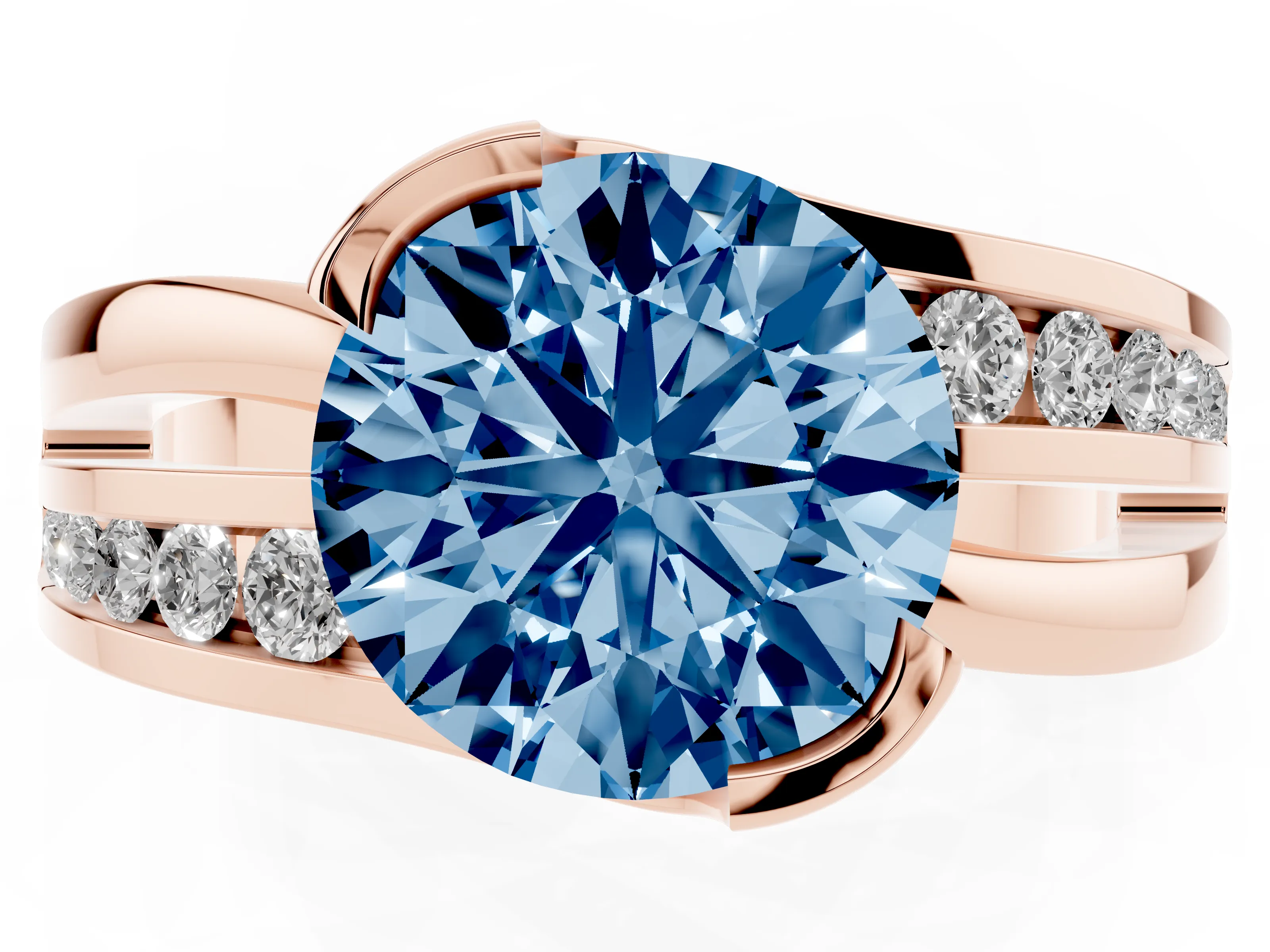 Fancy Blue Round Cut Diamond Solitaire Ring Set in Rose gold with Channel Set Split Shank and Tension Prongs