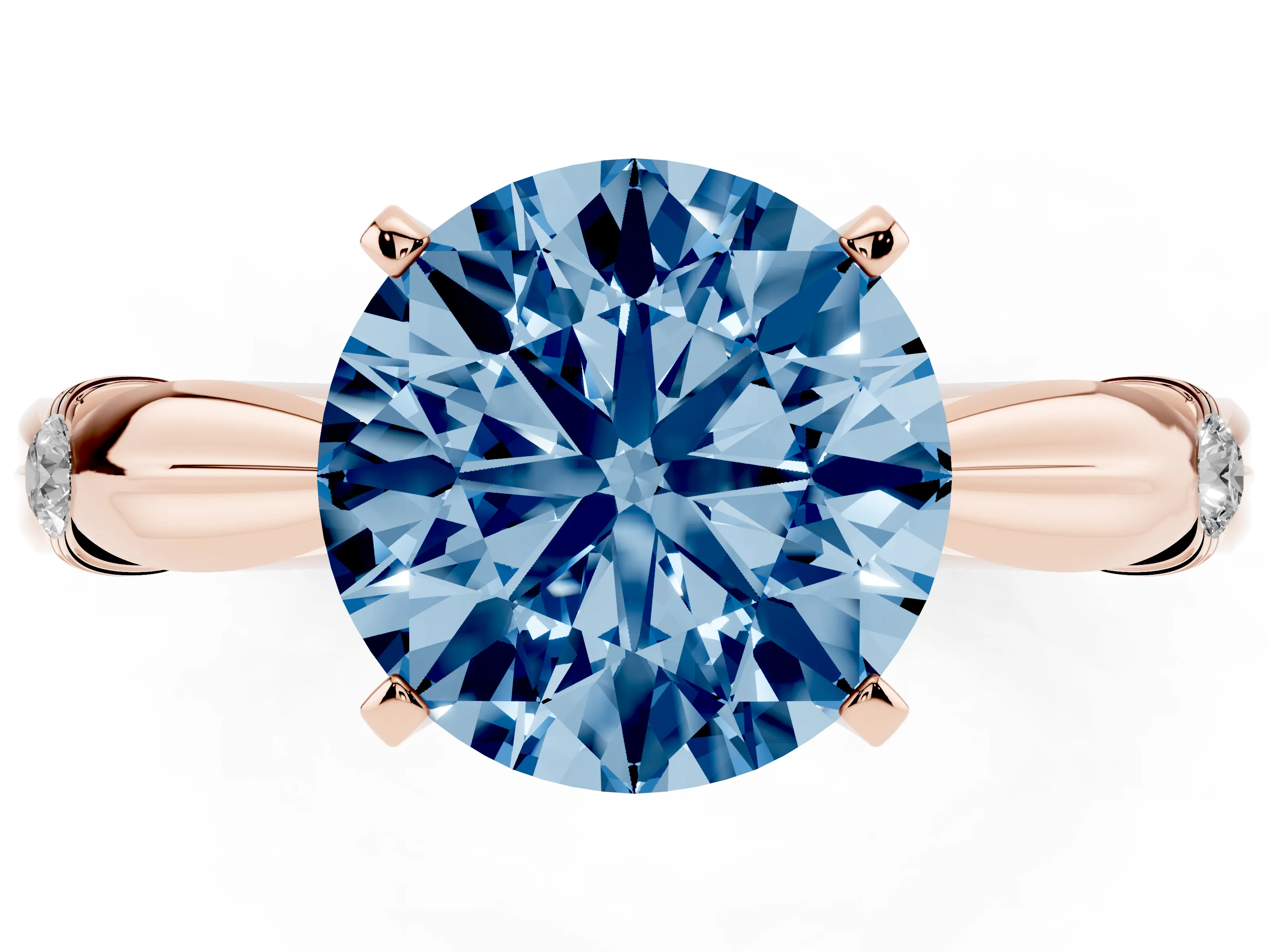 Fancy Blue Round Cut Diamond Solitaire Twisted Band Ring Set in Rose gold with Accent Stones and Prong Setting