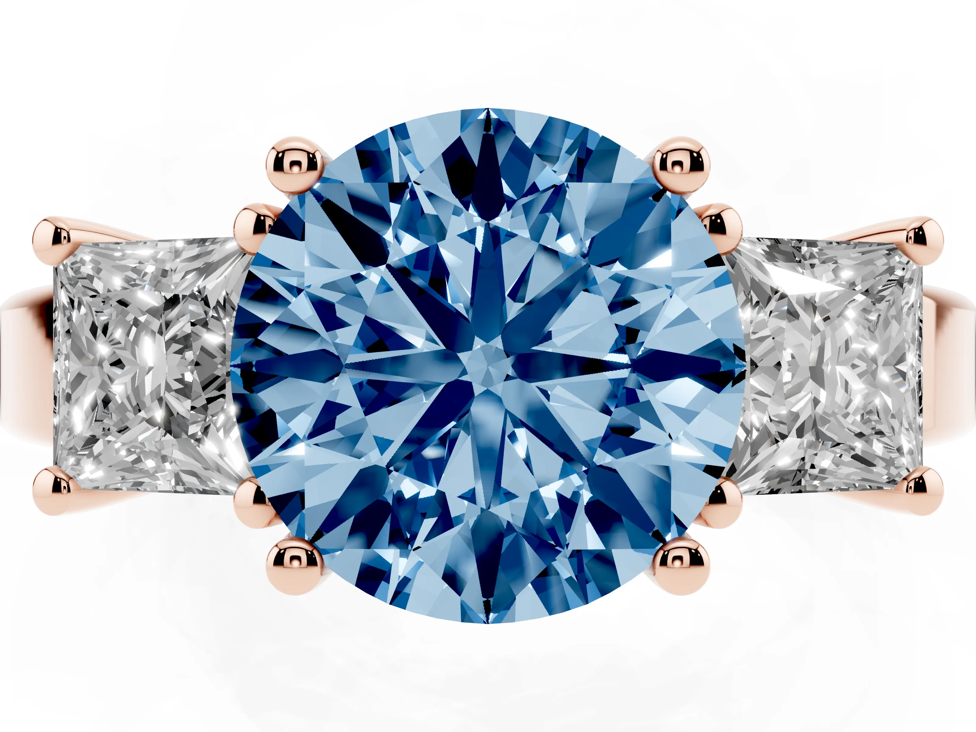 Fancy Blue Three-Stone Round Cut Diamond Solitaire Ring Set in Rose gold with Prong Setting