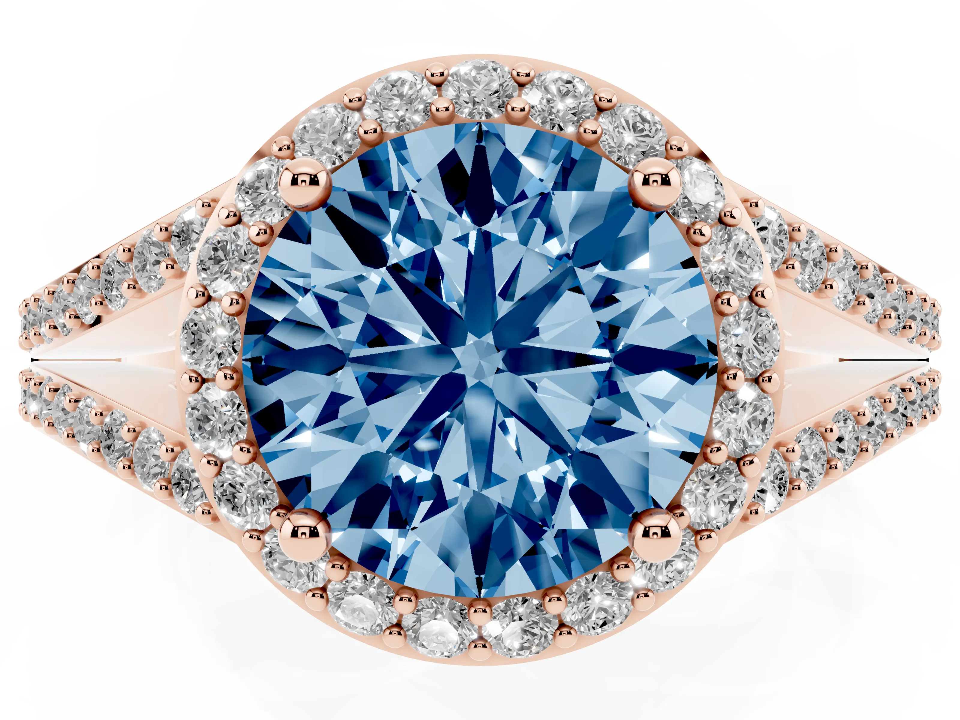Fancy Blue Round Cut Diamond Halo Split Shank Pavé Ring Set in Rose gold with Prong Setting