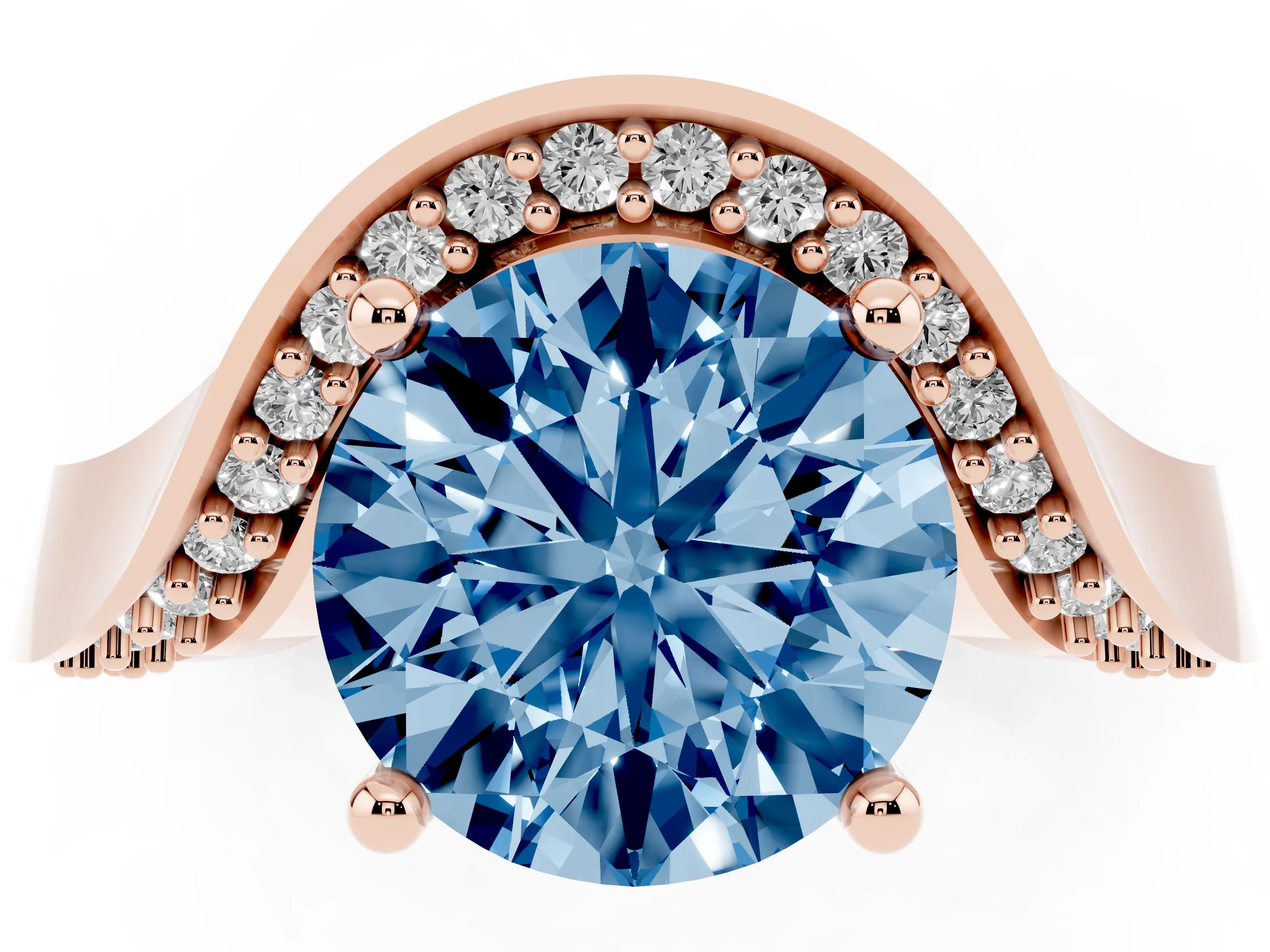 Fancy Blue Round Cut Diamond Solitaire Engagement Ring Set in Rose gold with Pavé Shoulders