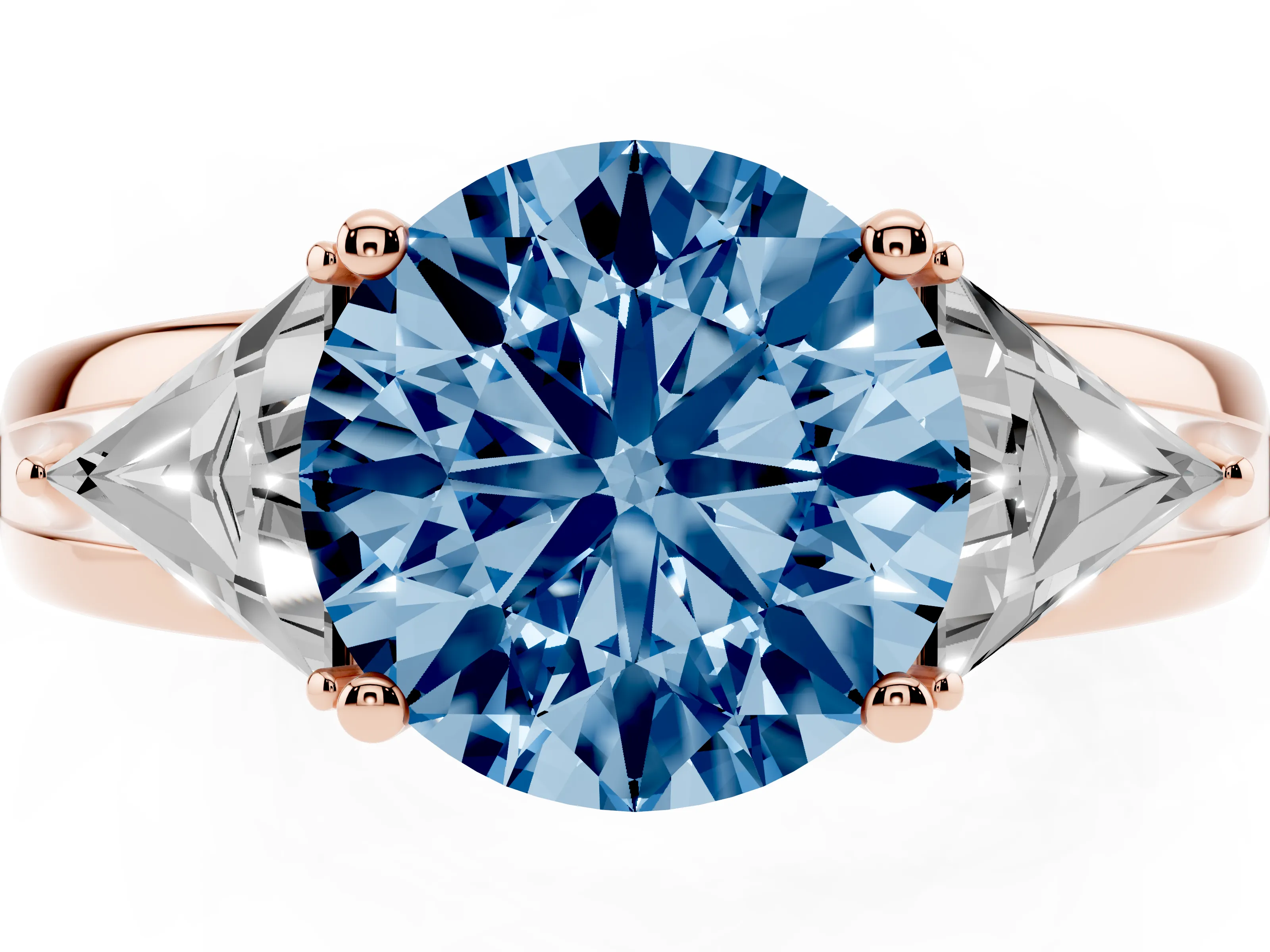 Fancy Blue Round Cut Diamond Three-Stone Ring Set in Rose gold with Trillion Side Stones and Split Shank