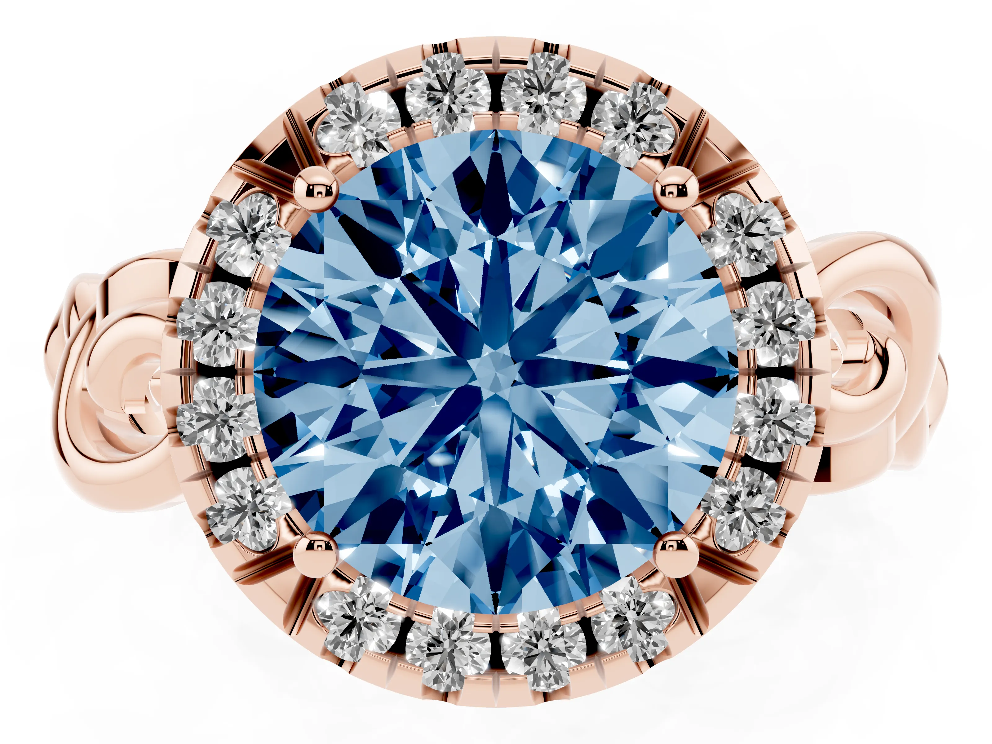 Fancy Blue Round Cut Diamond Halo Ring Set in Rose gold with Scrollwork Band and Prong Setting