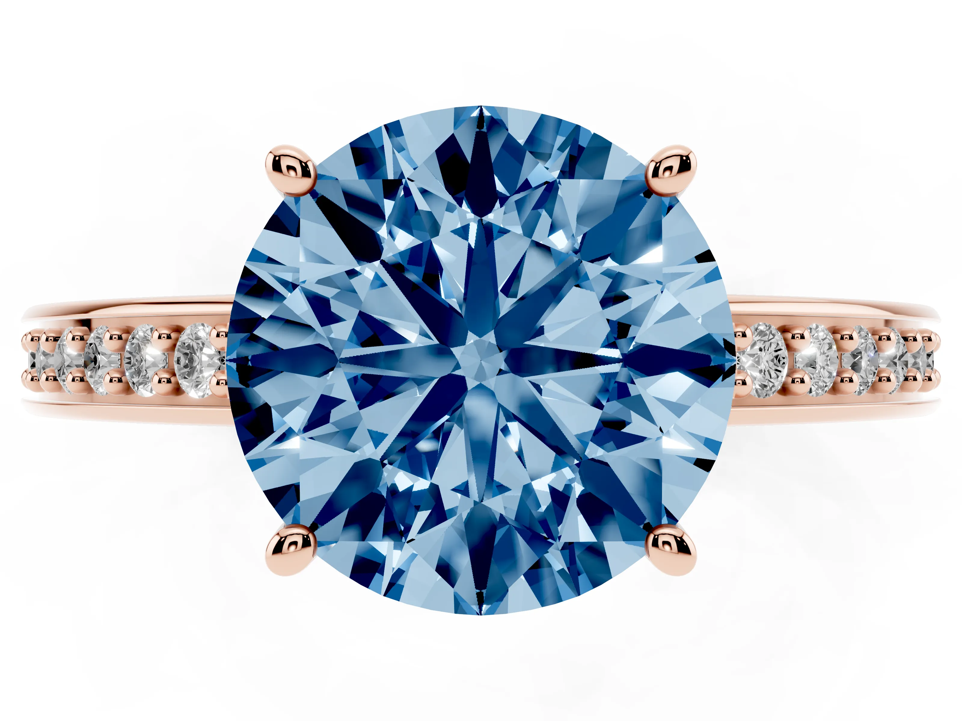Fancy Blue Round Cut Diamond Pavé Band Prong Set Solitaire Ring Set in Rose gold