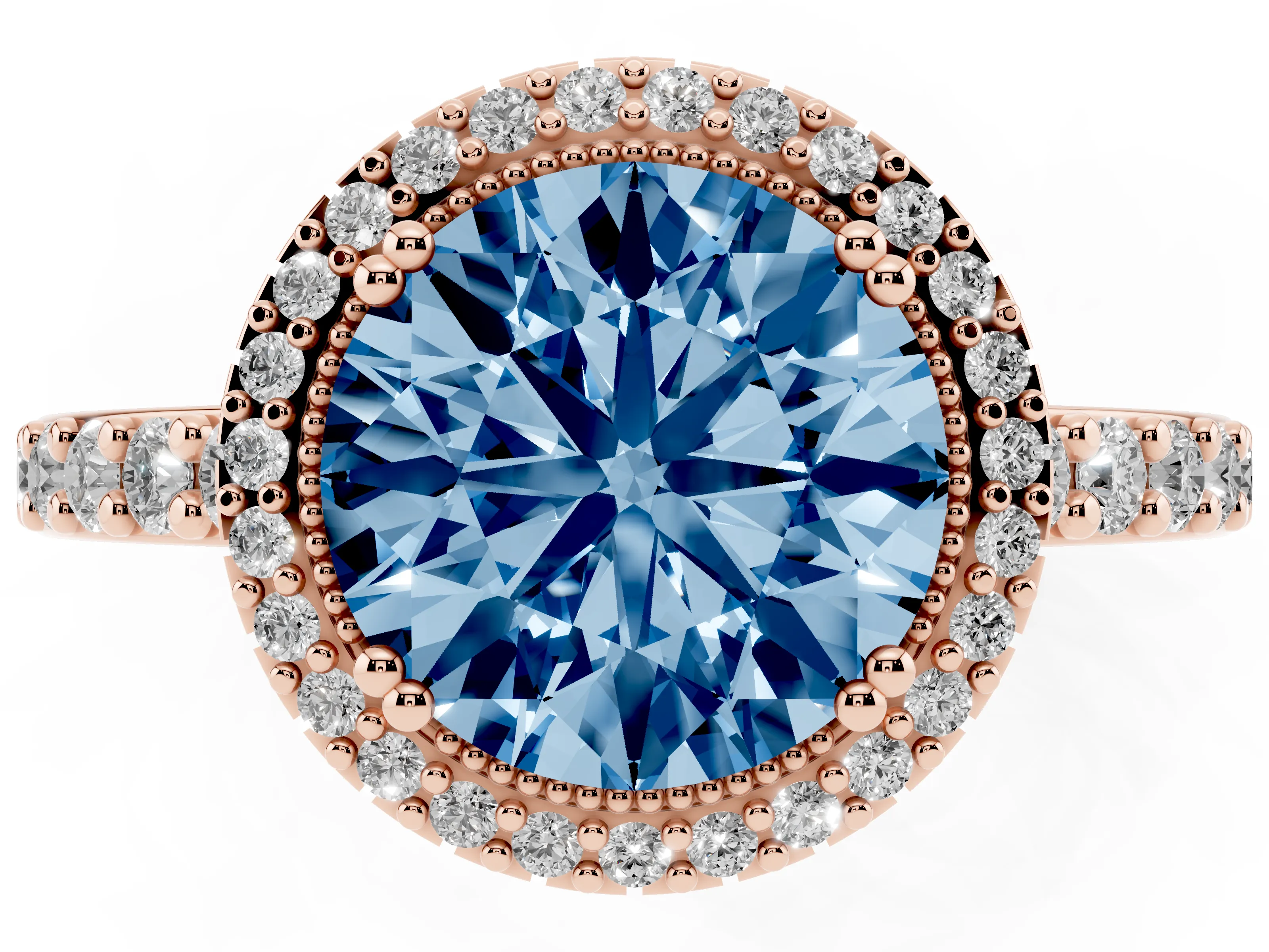Fancy Blue Round Cut Diamond Halo Engagement Ring Set in Rose gold with Milgrain Detail and Pavé Band