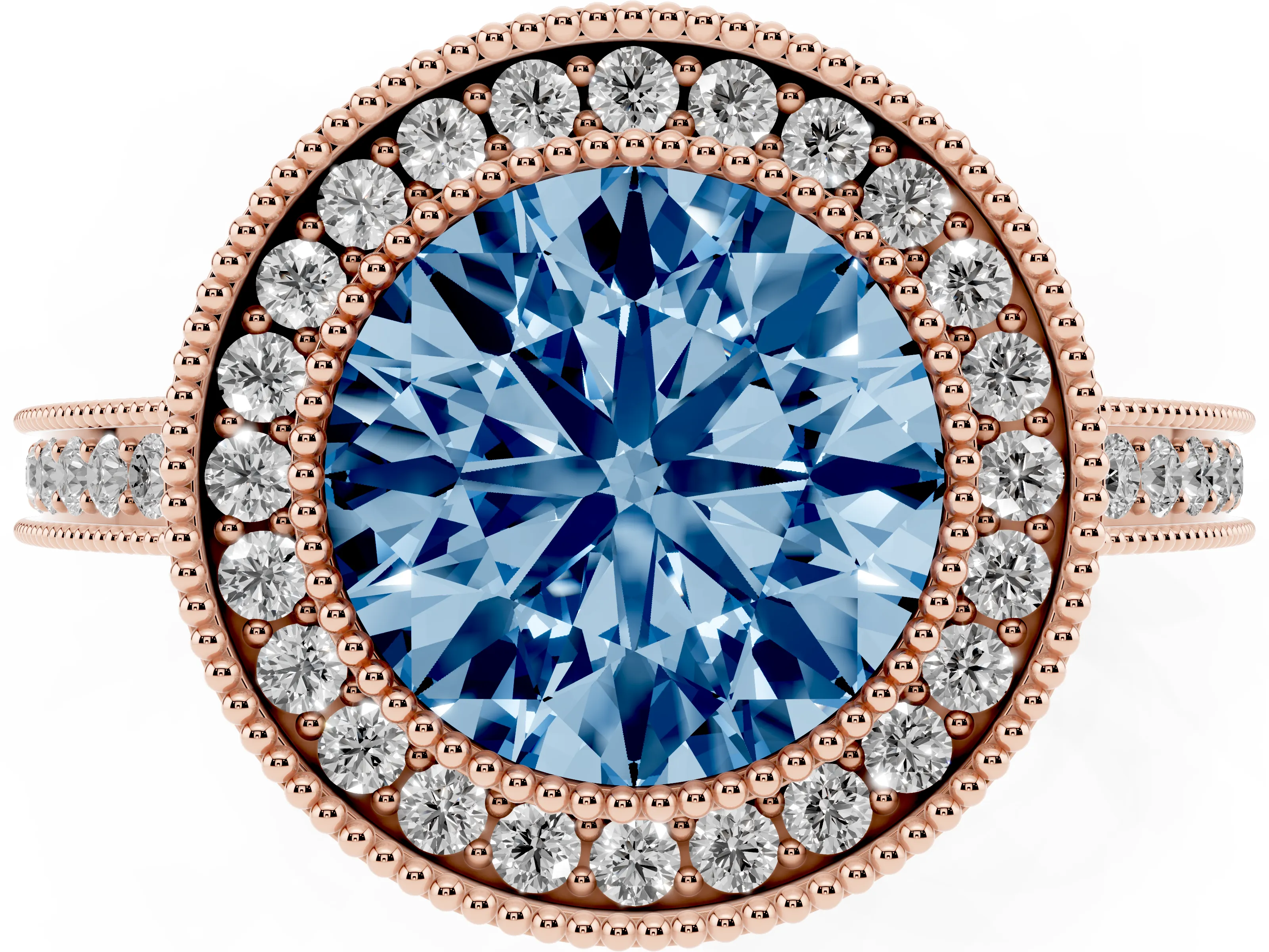 Fancy Blue Round Cut Diamond Halo Ring Set in Rose gold with Pavé Band and Milgrain-Edged Prongs