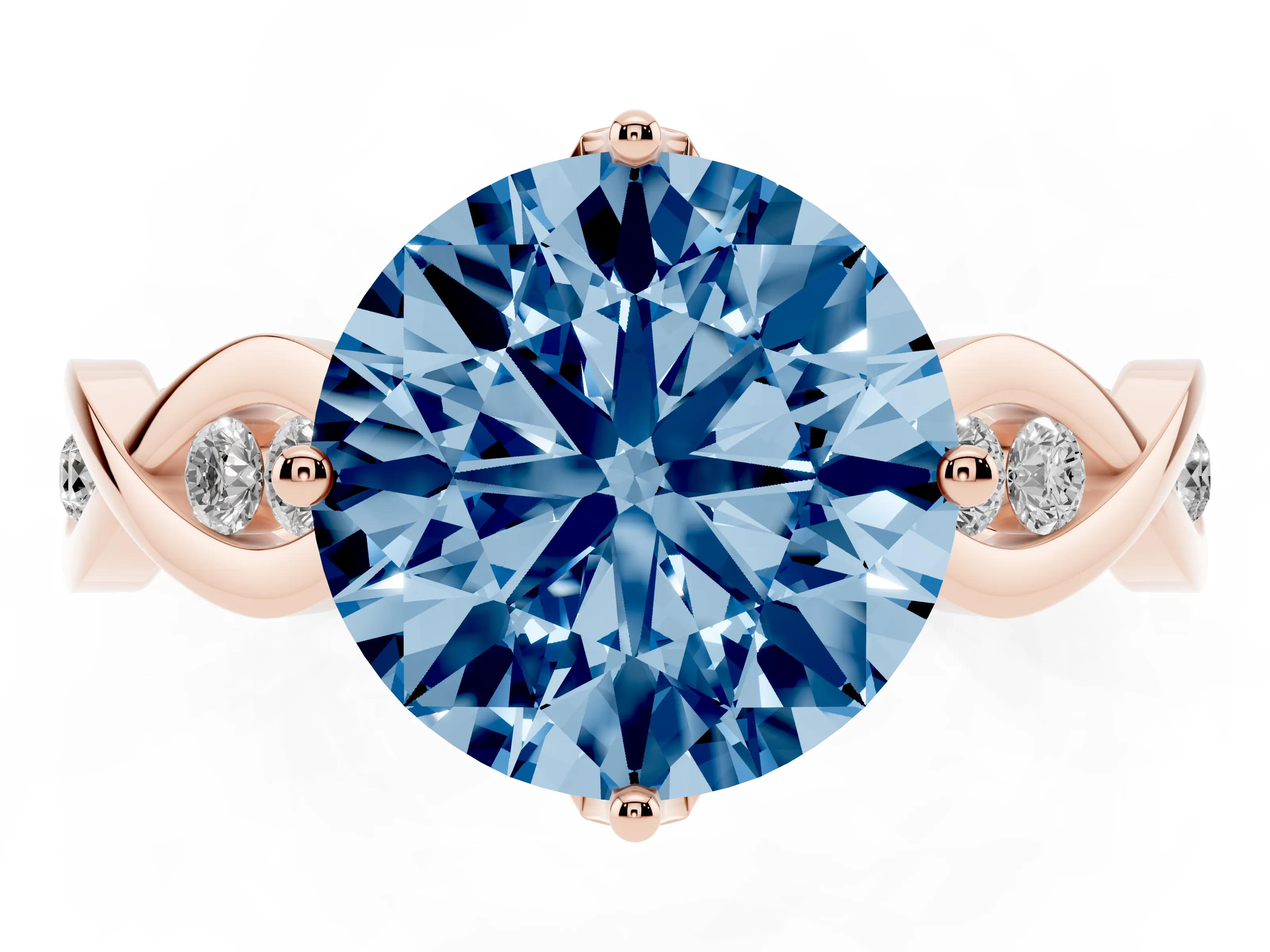 Fancy Blue Round Cut Diamond Twist Band Solitaire Ring Set in Rose gold with Leaf Prong Setting and Accent Stones